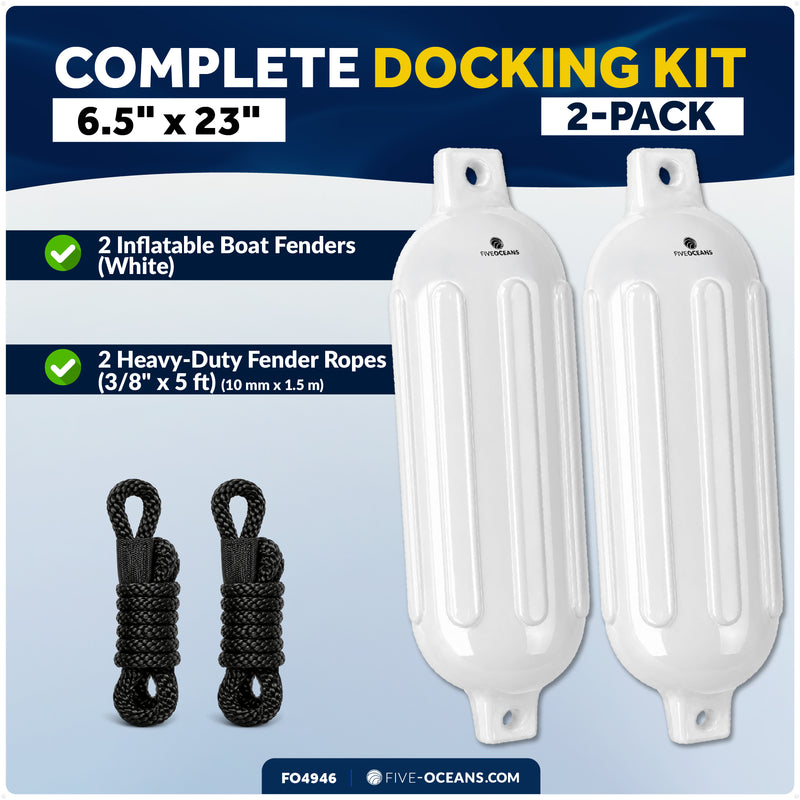 6.5" x 23" Inflatable Ribbed Boat Fenders, White, 2-Pack
