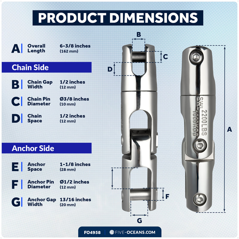 Multidirectional Anchor Swivel for 3/8" - 1/2" Chain, AISI316 Stainless Steel - FO4958 - Five Oceans