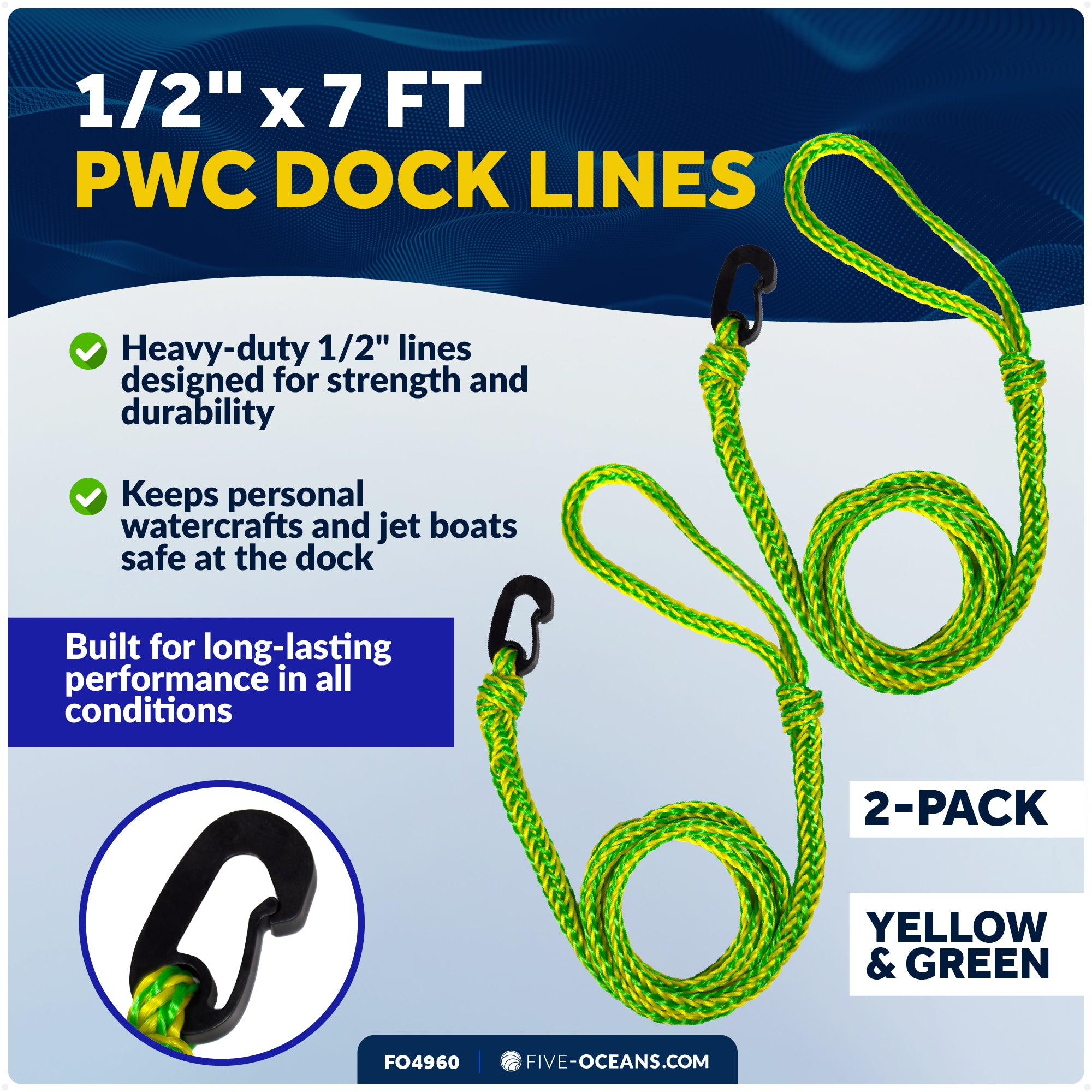 1/2 in x 7 ft PWC Dock Lines, Giant Snap Hook, Yellow & Green, 2-Pack - FO4960 - Five Oceans
