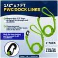 1/2 in x 7 ft PWC Dock Lines, Giant Snap Hook, Yellow & Green, 2-Pack – FO4960 - Five Oceans