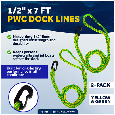 1/2 in x 7 ft PWC Dock Lines, Giant Snap Hook, Yellow & Green, 2-Pack – FO4960 - Five Oceans