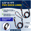 1/2 in x 7 ft PWC Dock Lines, Giant Snap Hook, Black, Red & Blue, 2-Pack - Five Oceans