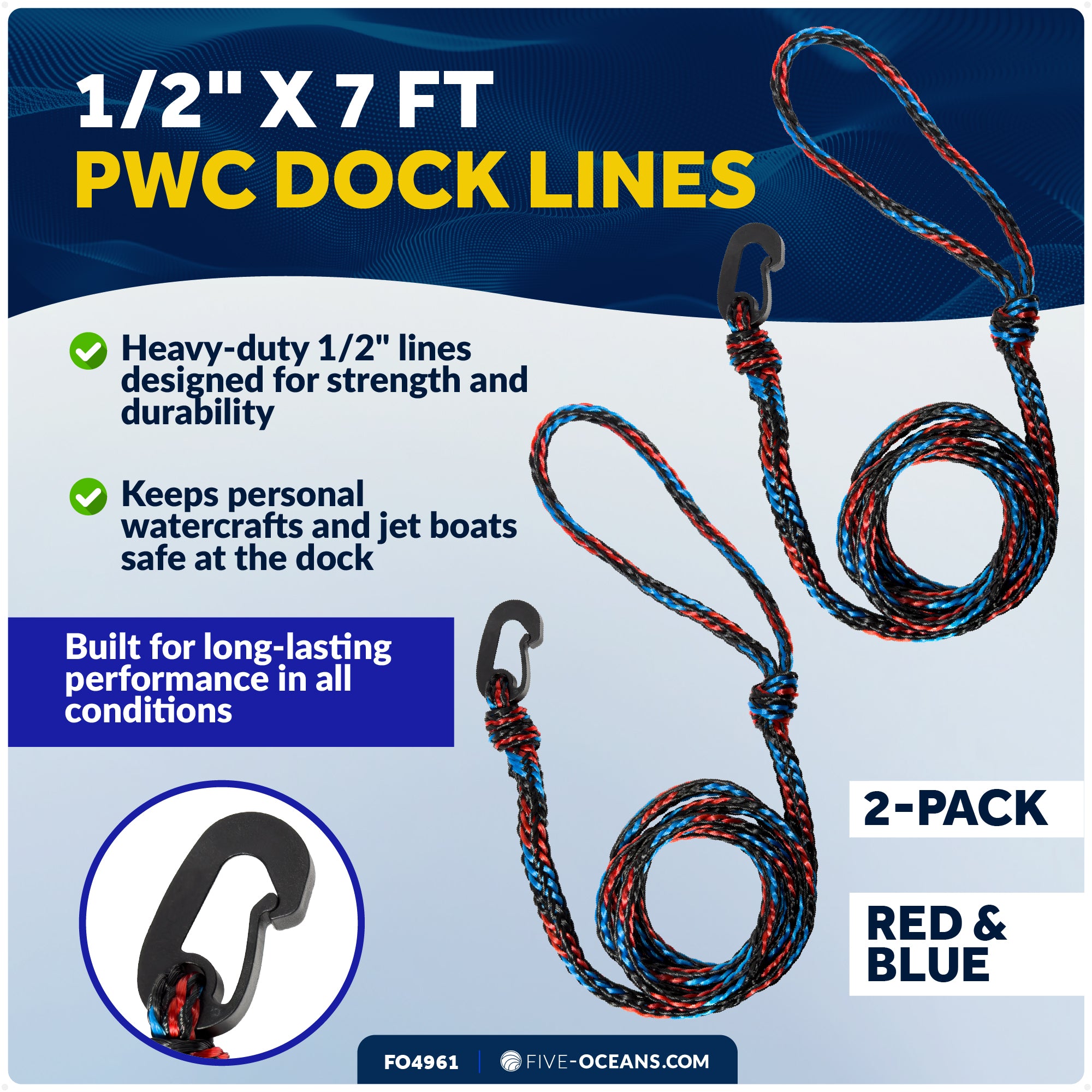 1/2 in x 7 ft PWC Dock Lines, Giant Snap Hook, Red & Blue, 2-Pack - FO4961 - Five Oceans