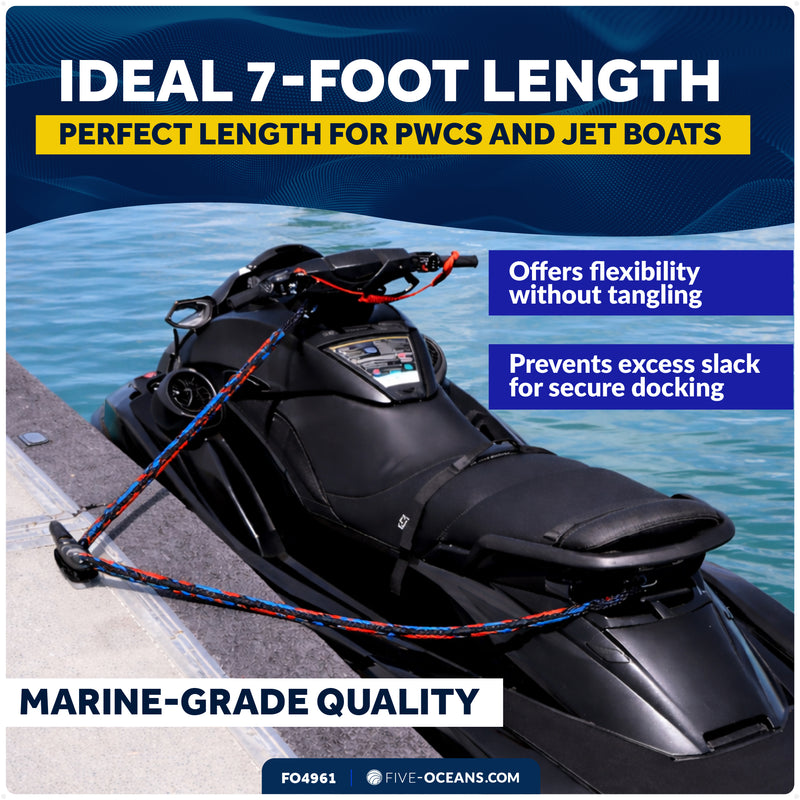 1/2 in x 7 ft PWC Dock Lines, Giant Snap Hook, Red & Blue, 2-Pack - FO4961 - Five Oceans