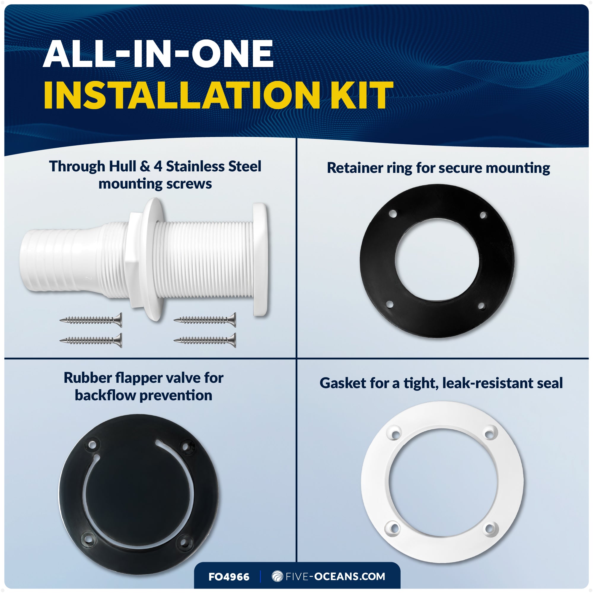 1-1/2" Boat Through Hull with Scupper Valve - Self-Bailing Deck Drain for Boats - FO4966 - Five Oceans
