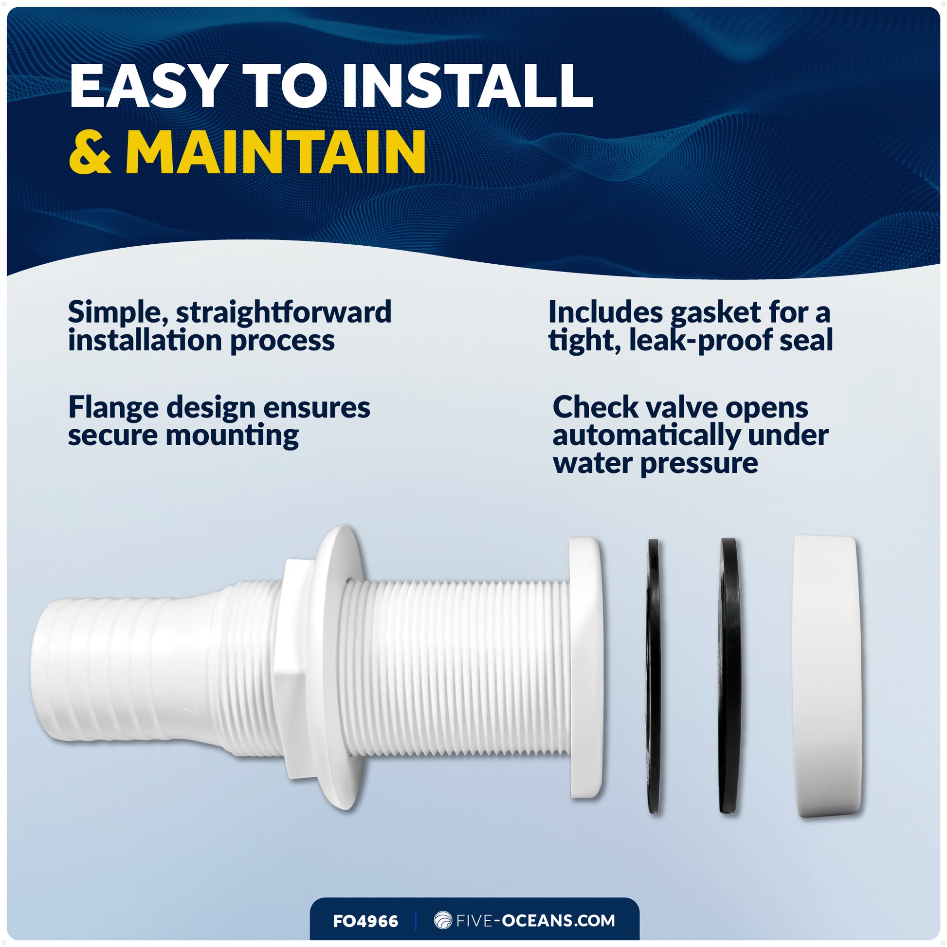 1-1/2" Boat Through Hull with Scupper Valve - Self-Bailing Deck Drain for Boats - FO4966 - Five Oceans