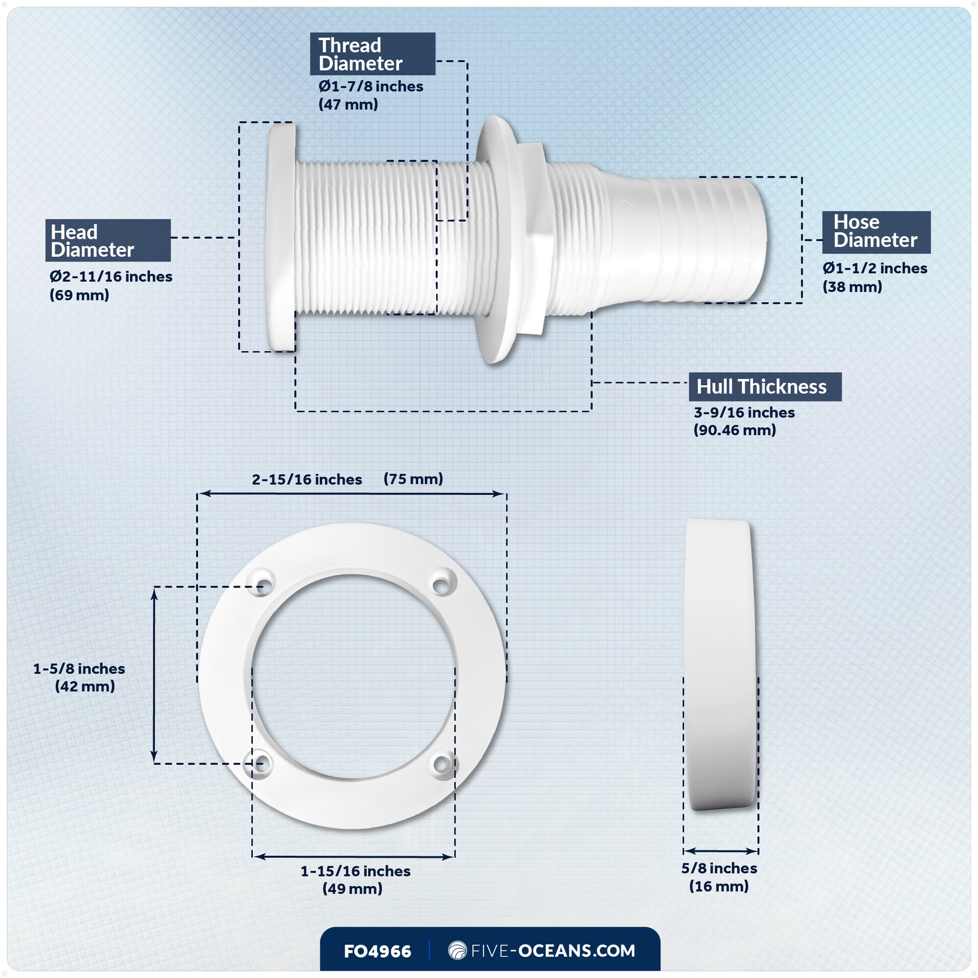 1-1/2" Boat Through Hull with Scupper Valve - Self-Bailing Deck Drain for Boats - FO4966 - Five Oceans