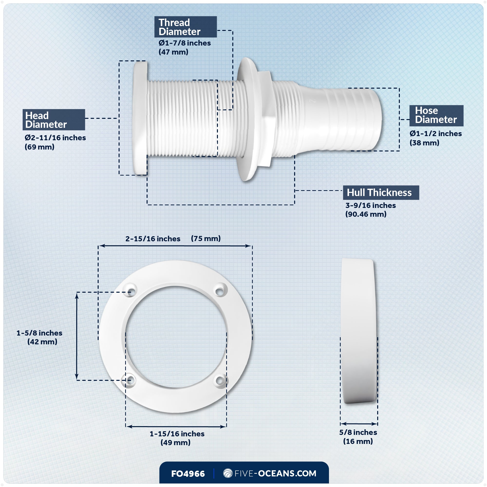 1-1/2" Boat Through Hull with Scupper Valve - Self-Bailing Deck Drain for Boats - FO4966 - Five Oceans