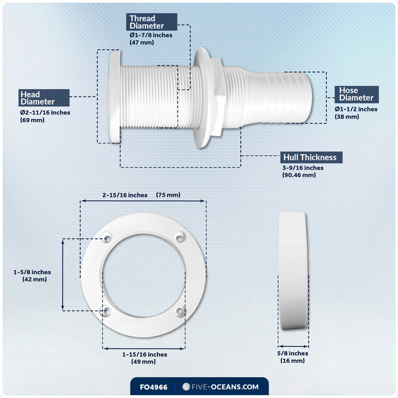 1-1/2" Boat Through Hull with Scupper Valve - Self-Bailing Deck Drain for Boats - FO4966 - Five Oceans