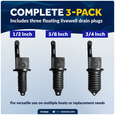 Floating Livewell Drain Plugs, 1/2", 5/8" & 3/4" Plugs, ABS Black Plastic  - FO4968 - Five Oceans