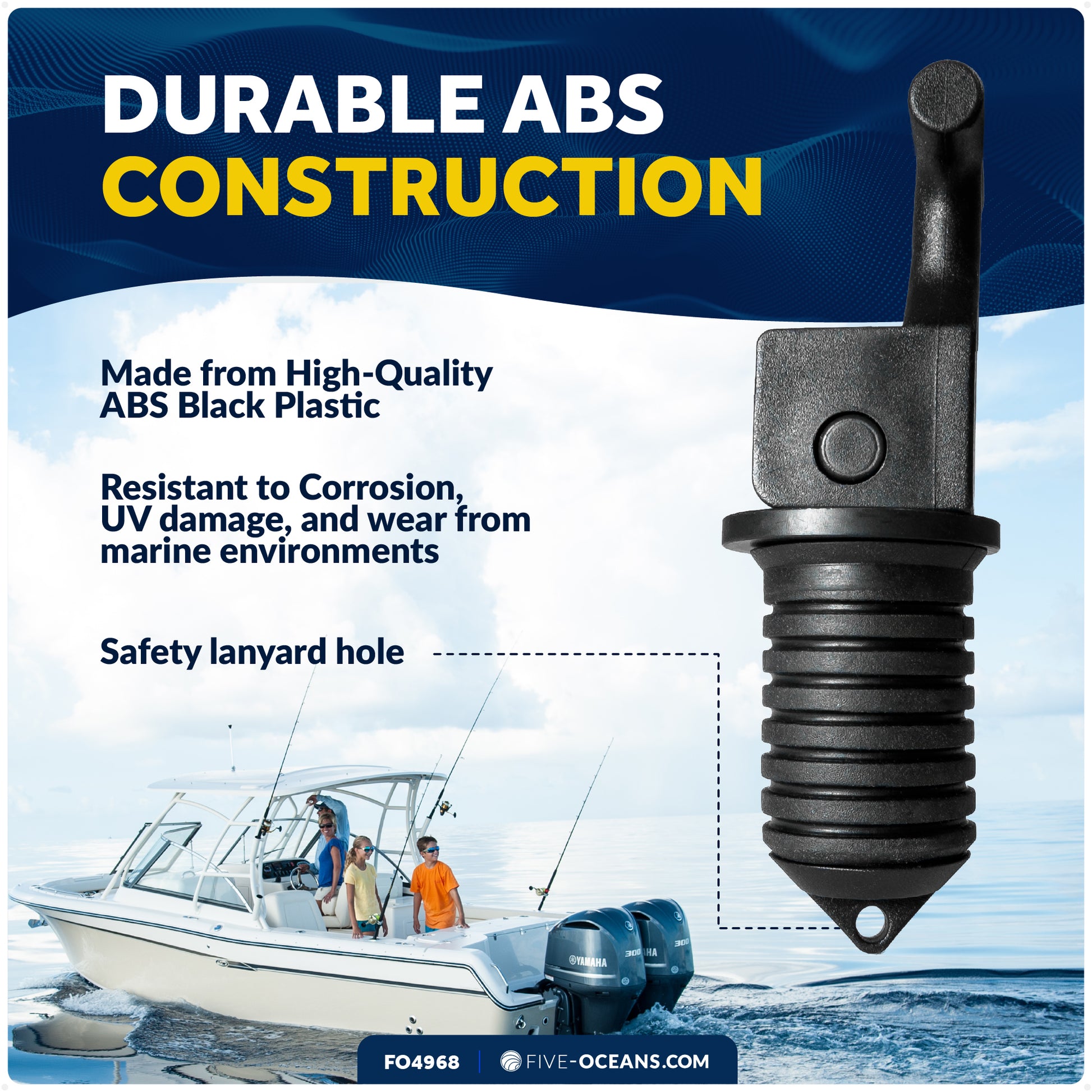 Floating Livewell Drain Plugs, 1/2", 5/8" & 3/4" Plugs, ABS Black Plastic  - FO4968 - Five Oceans