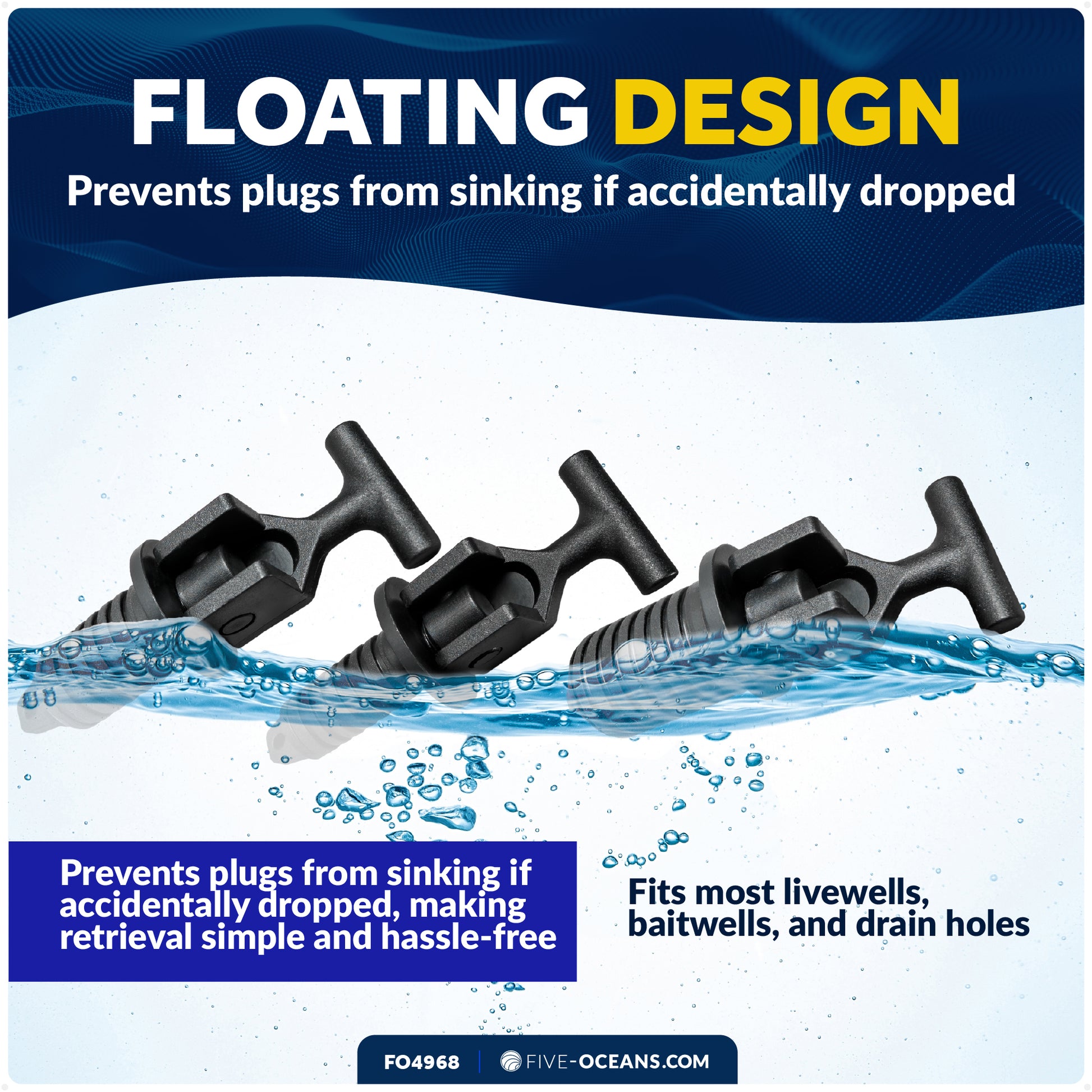 Floating Livewell Drain Plugs, 1/2", 5/8" & 3/4" Plugs, ABS Black Plastic  - FO4968 - Five Oceans