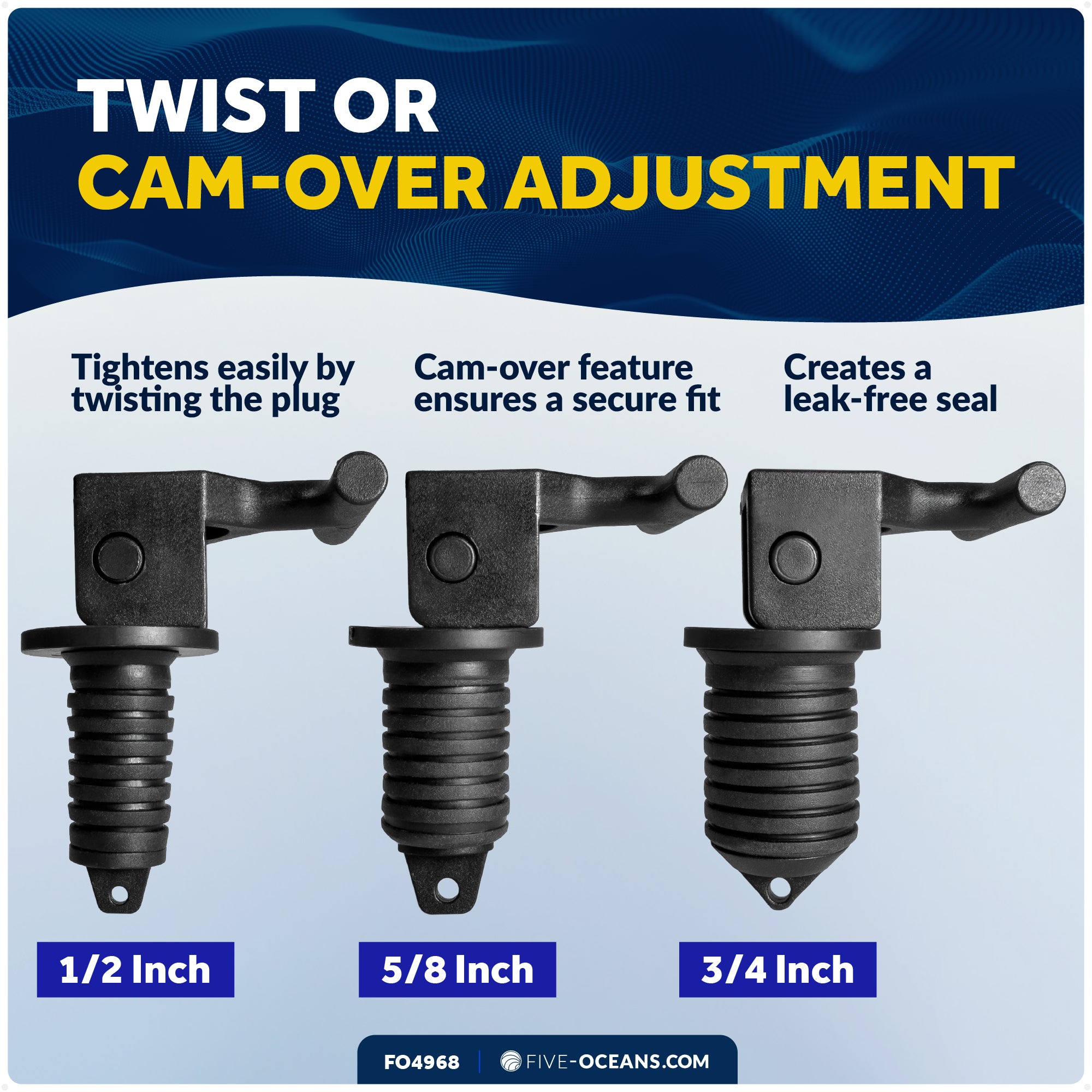Floating Livewell Drain Plugs, 1/2", 5/8" & 3/4" Plugs, ABS Black Plastic  - FO4968 - Five Oceans