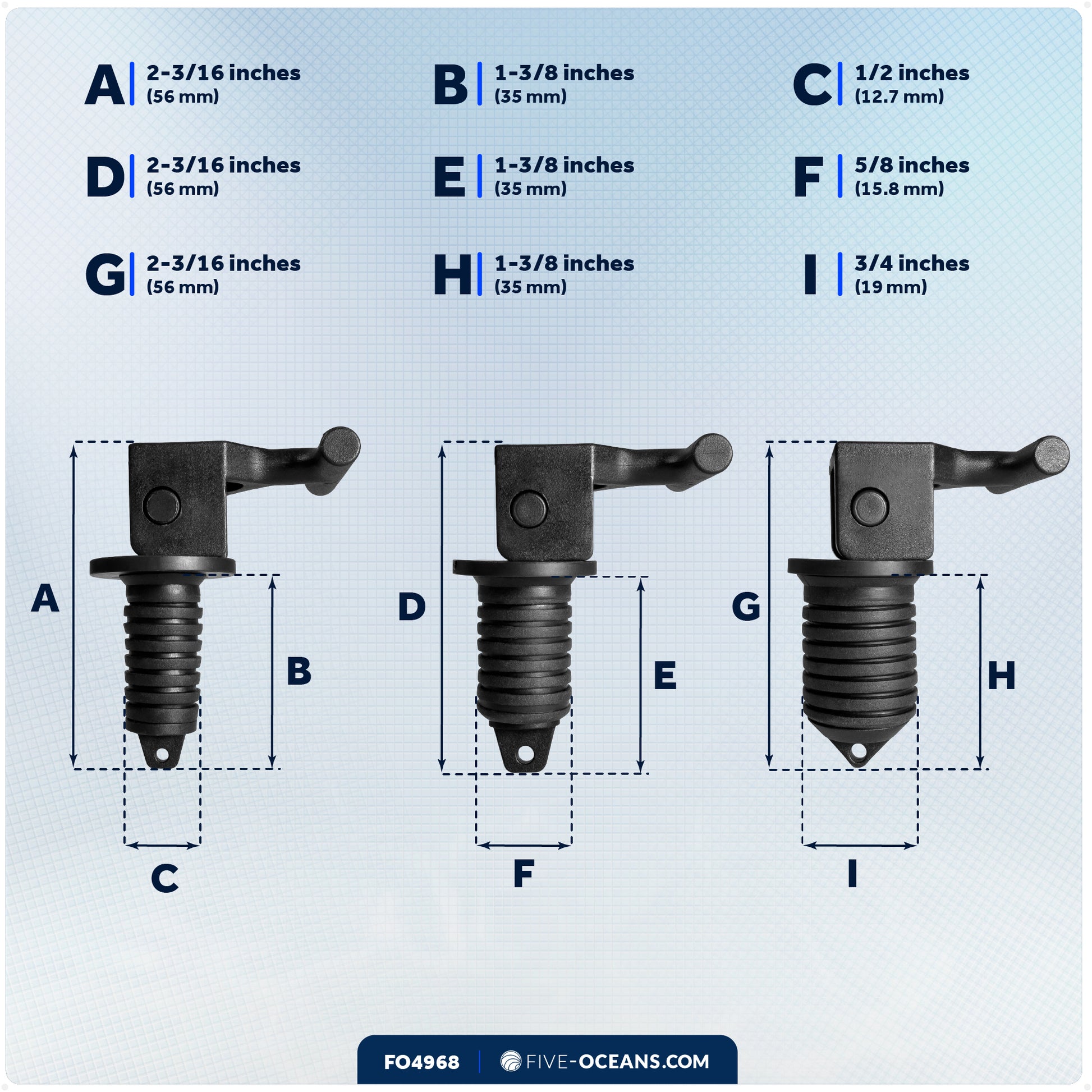 Floating Livewell Drain Plugs, 1/2", 5/8" & 3/4" Plugs, ABS Black Plastic  - FO4968 - Five Oceans