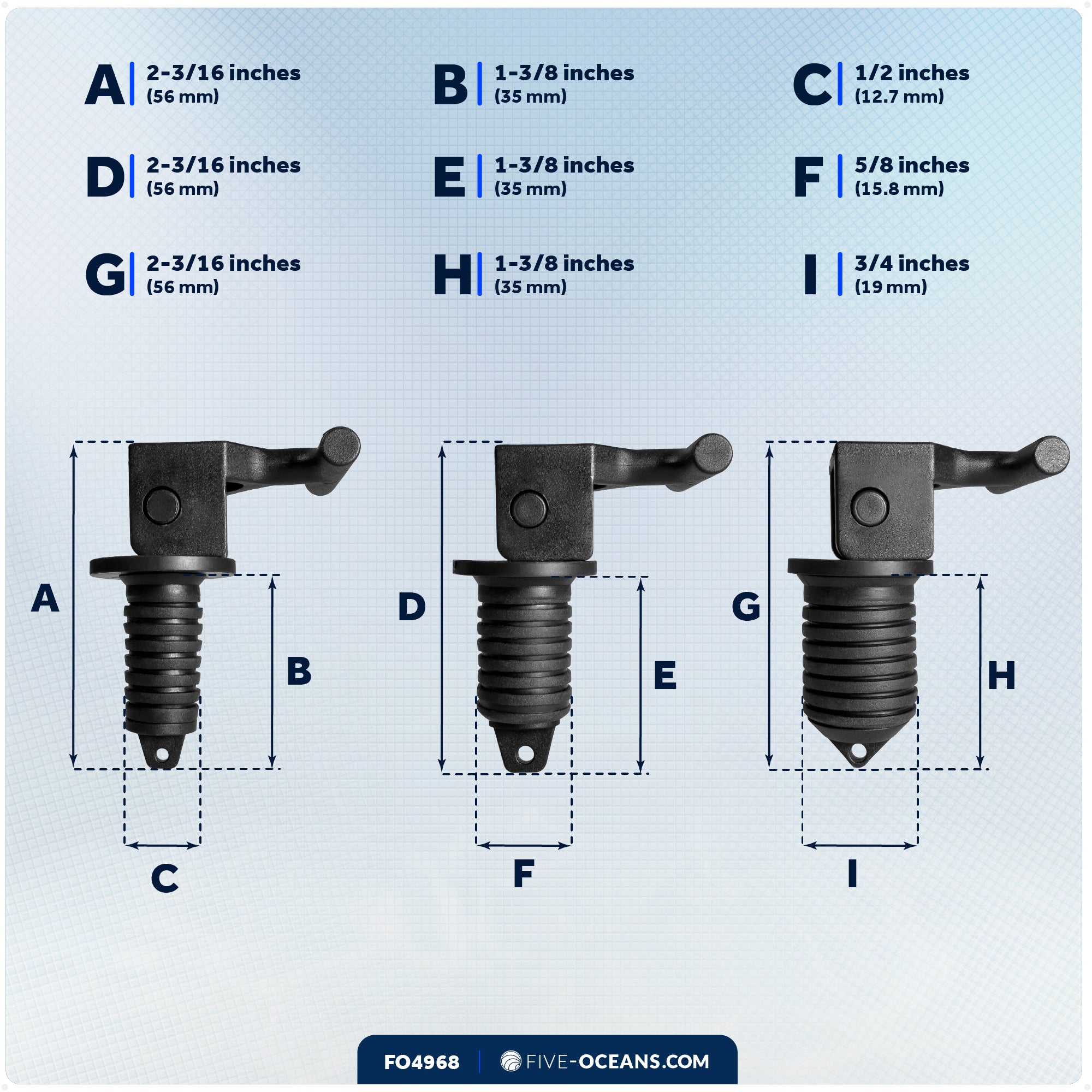 Floating Livewell Drain Plugs, 1/2", 5/8" & 3/4" Plugs, ABS Black Plastic  - FO4968 - Five Oceans