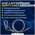 4 Ft Outboard Safety Cable 3/16" with Snap Hook, Vinyl-Coated Galvanized Steel