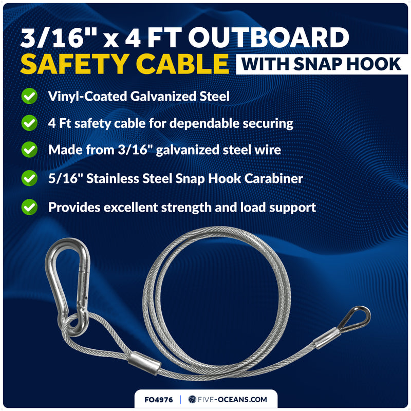 4 Ft Outboard Safety Cable 3/16" with Snap Hook, Vinyl-Coated Galvanized Steel