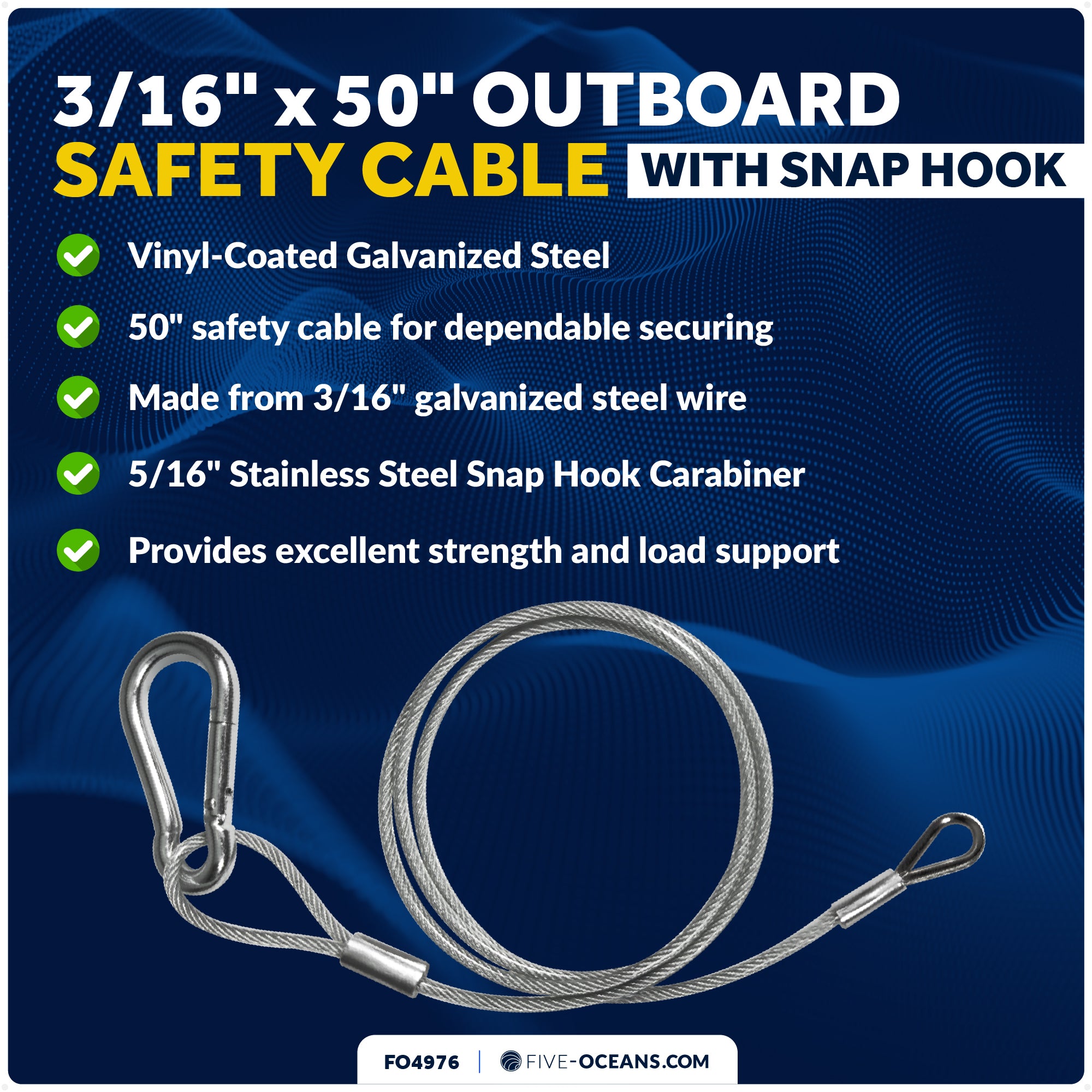 50" Outboard Safety Cable 3/16" with Snap Hook, Vinyl-Coated Galvanized Steel - FO4976 - Five Oceans