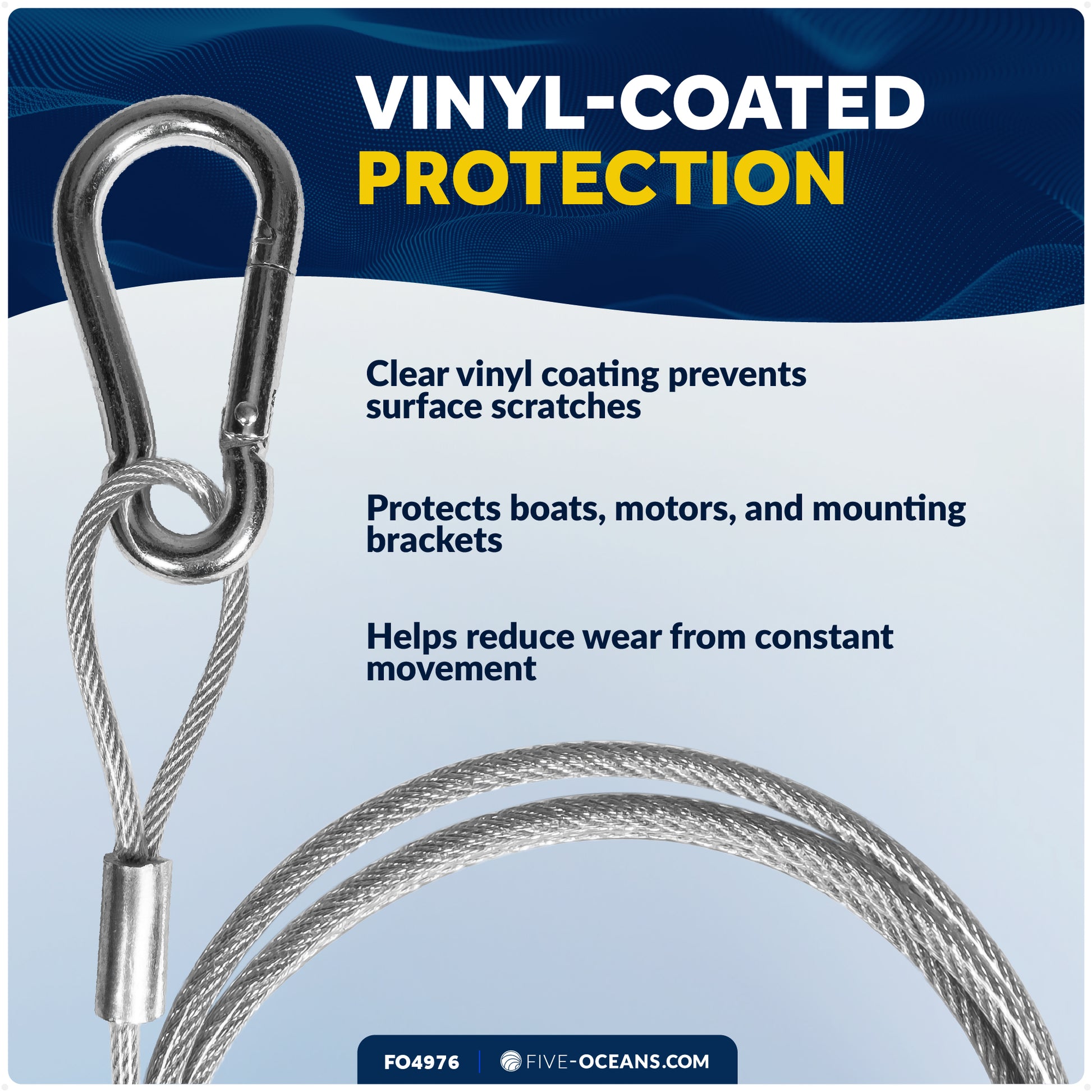 50" Outboard Safety Cable 3/16" with Snap Hook, Vinyl-Coated Galvanized Steel - FO4976 - Five Oceans