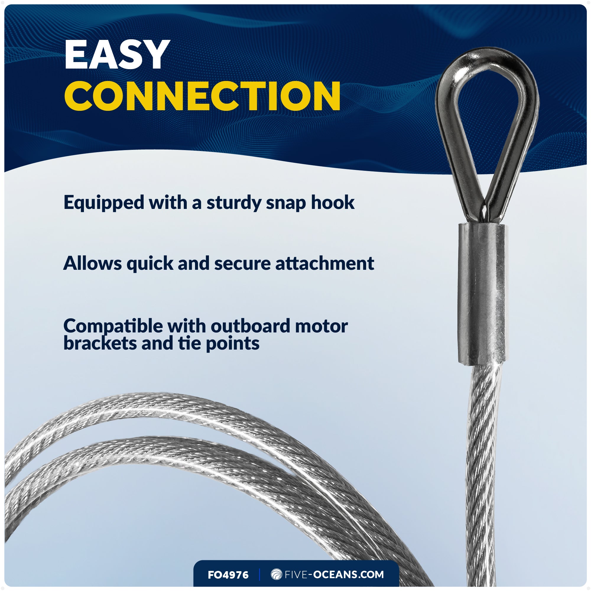 50" Outboard Safety Cable 3/16" with Snap Hook, Vinyl-Coated Galvanized Steel - FO4976 - Five Oceans
