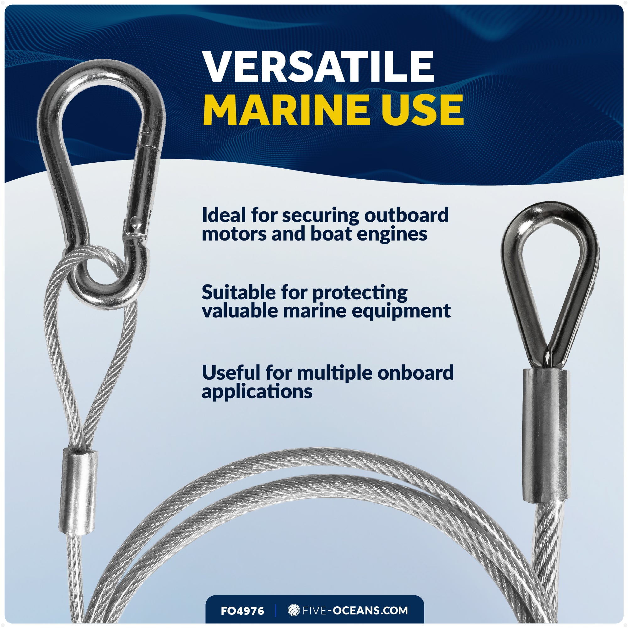 50" Outboard Safety Cable 3/16" with Snap Hook, Vinyl-Coated Galvanized Steel - FO4976 - Five Oceans