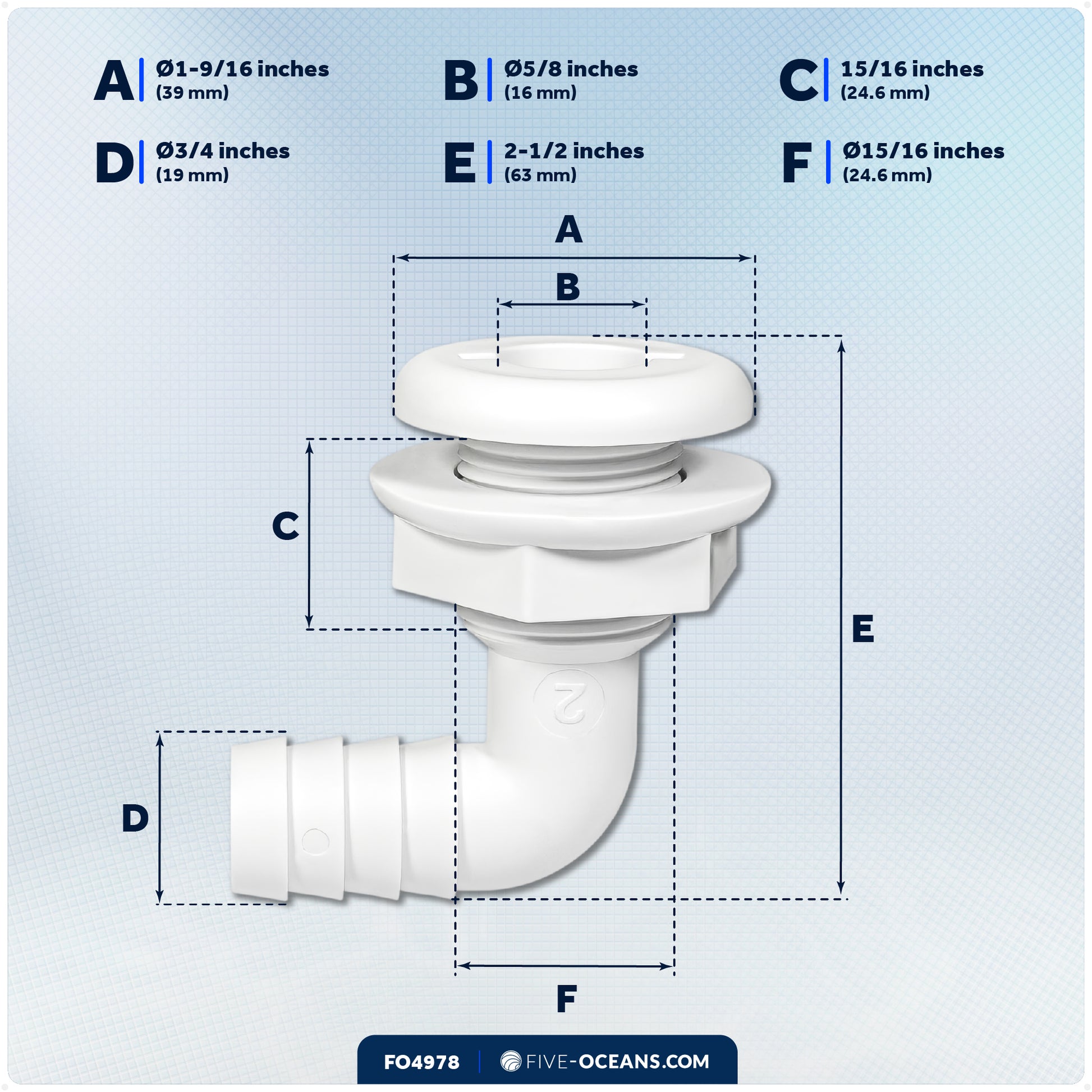 3/4" Angled Thru-Hull Fitting - White ABS Plastic for Boat, Pontoon, and Yachts - FO4978 - Five Oceans