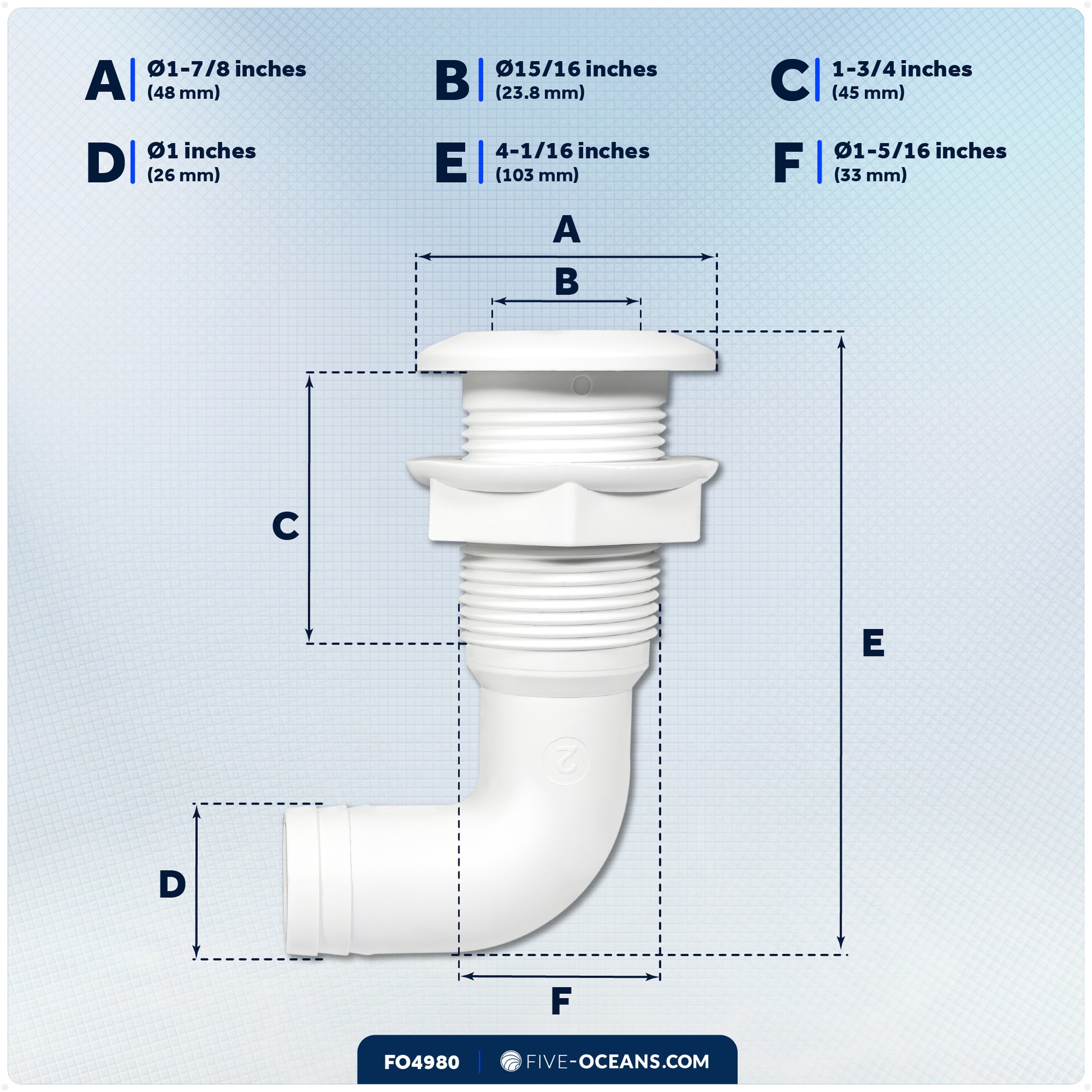 1" Angled Thru-Hull Fitting - White ABS Plastic for Boat, Pontoon, and Yachts - FO4980 - Five Oceans