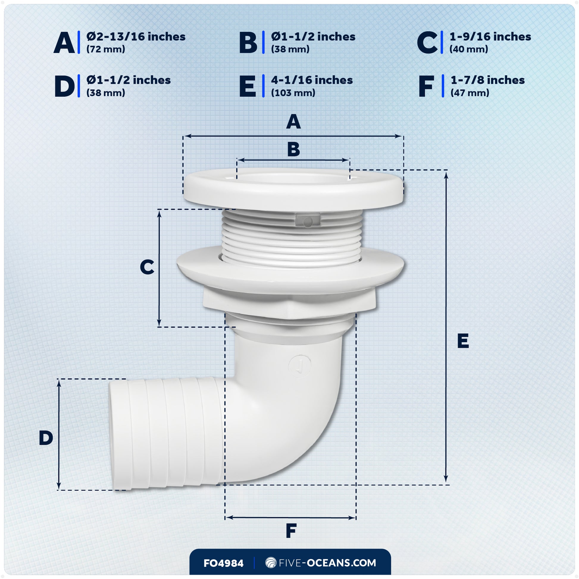 1-1/2" Angled Thru-Hull Fitting - White ABS Plastic for Boat, Pontoon, and Yachts - FO4984 - Five Oceans