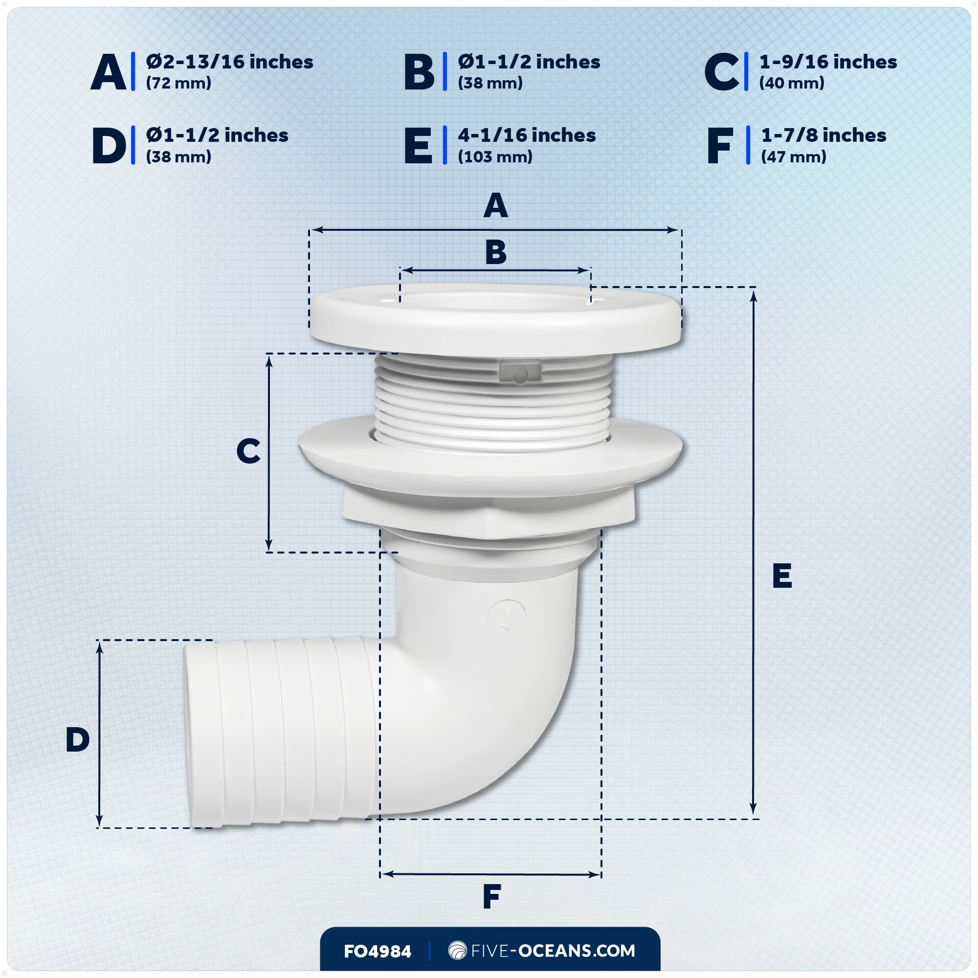 1-1/2" Angled Thru-Hull Fitting - White ABS Plastic for Boat, Pontoon, and Yachts - FO4984 - Five Oceans