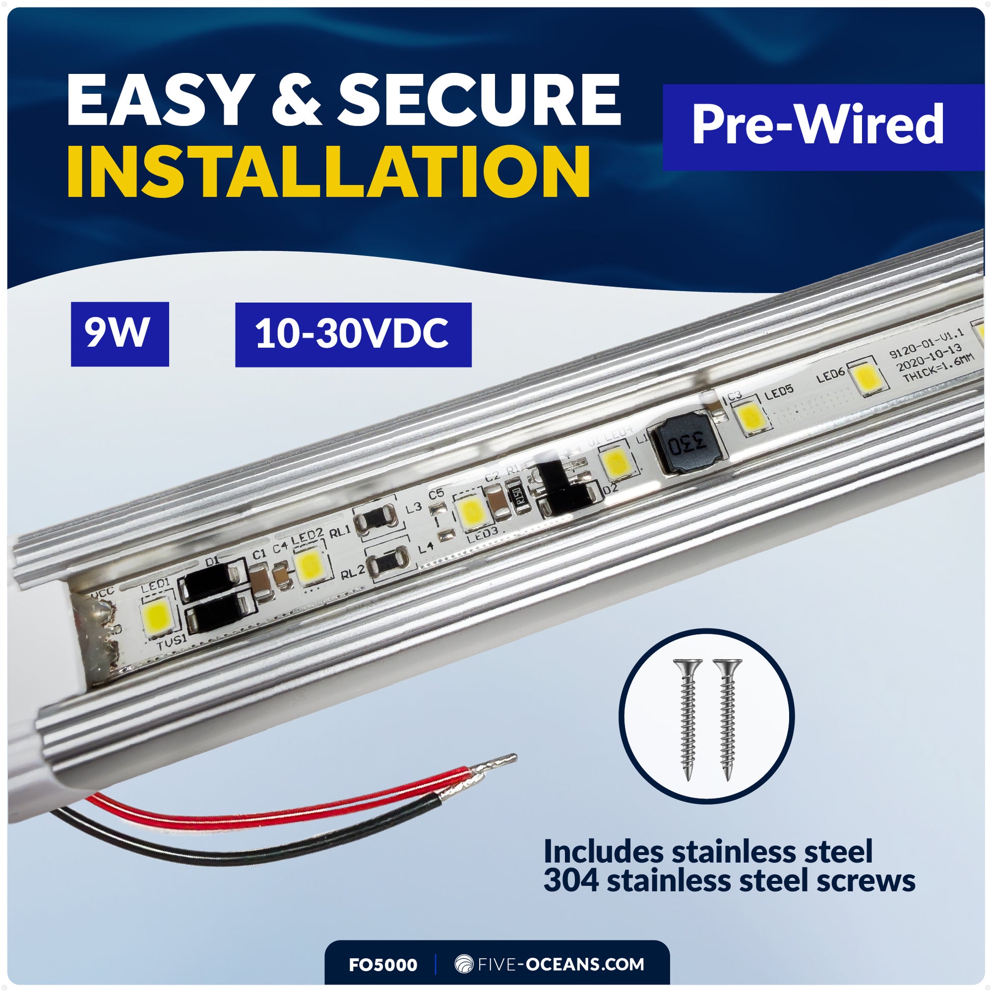 15" LED Strip Light, 9W Natural White, Aluminum Housing, 12V-30V - FO5000 - Five Oceans