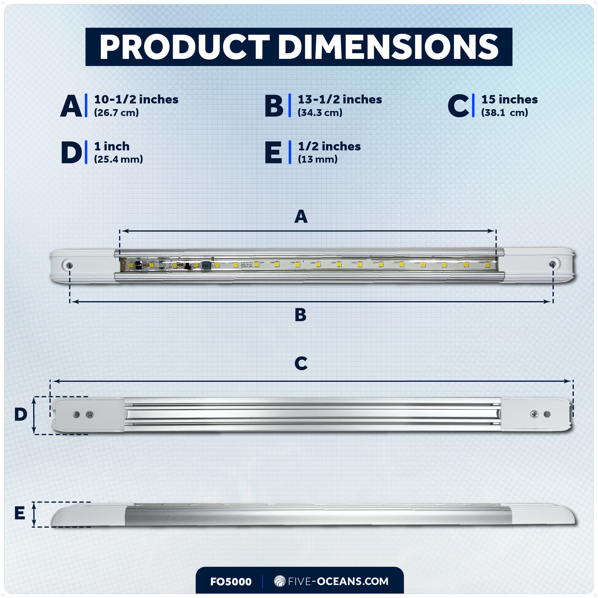 15" LED Strip Light, 9W Natural White, Aluminum Housing, 12V-30V - FO5000 - Five Oceans