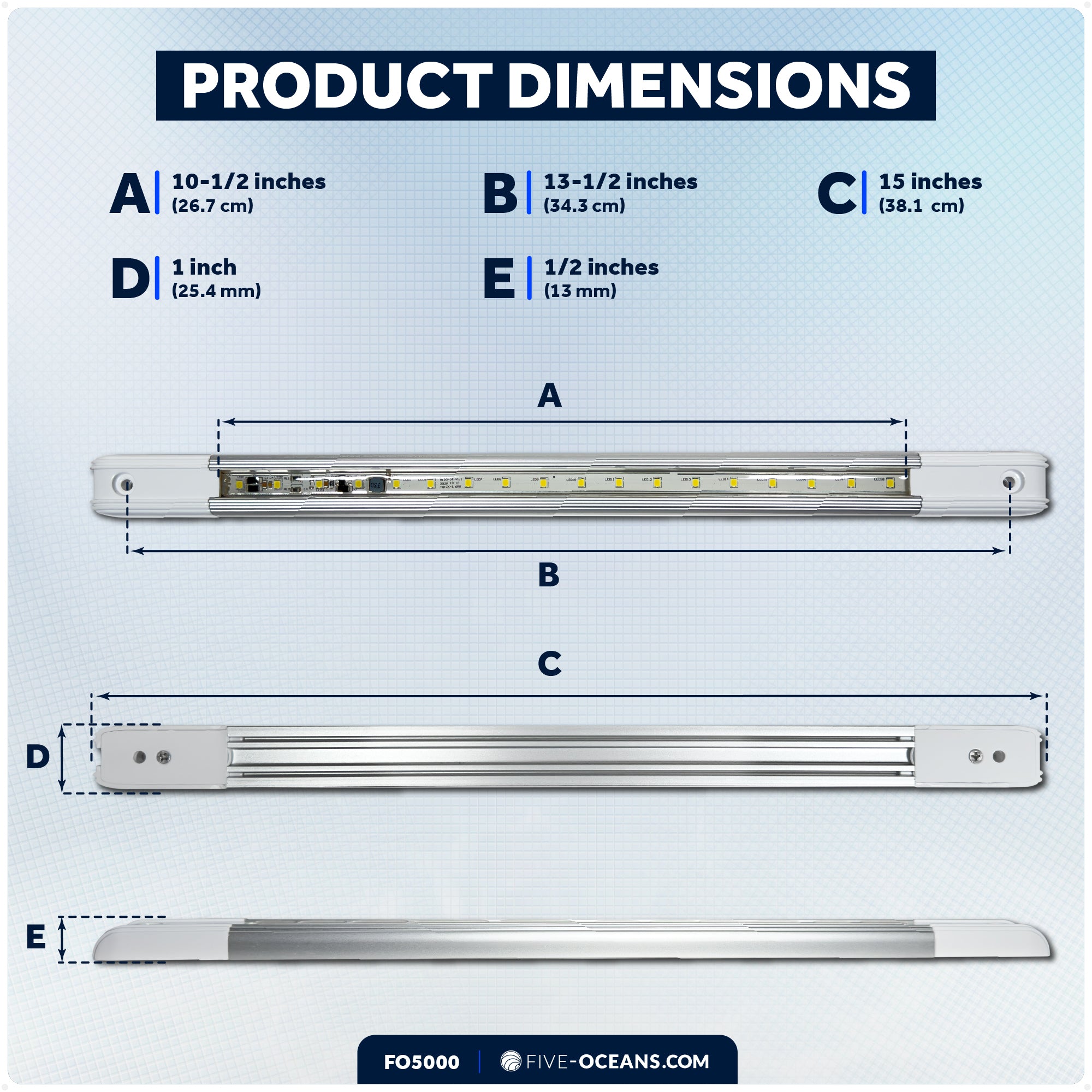 15" LED Strip Light, 9W Natural White, Aluminum Housing, 12V-30V - FO5000 - Five Oceans