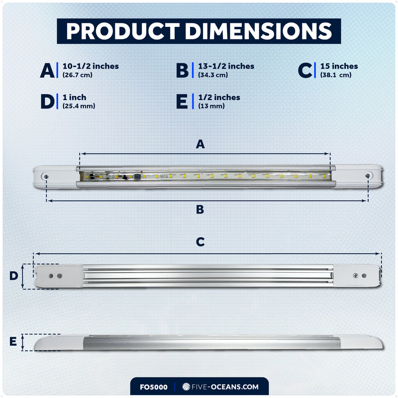 15" LED Strip Light, 9W Natural White, Aluminum Housing, 12V-30V - FO5000 - Five Oceans