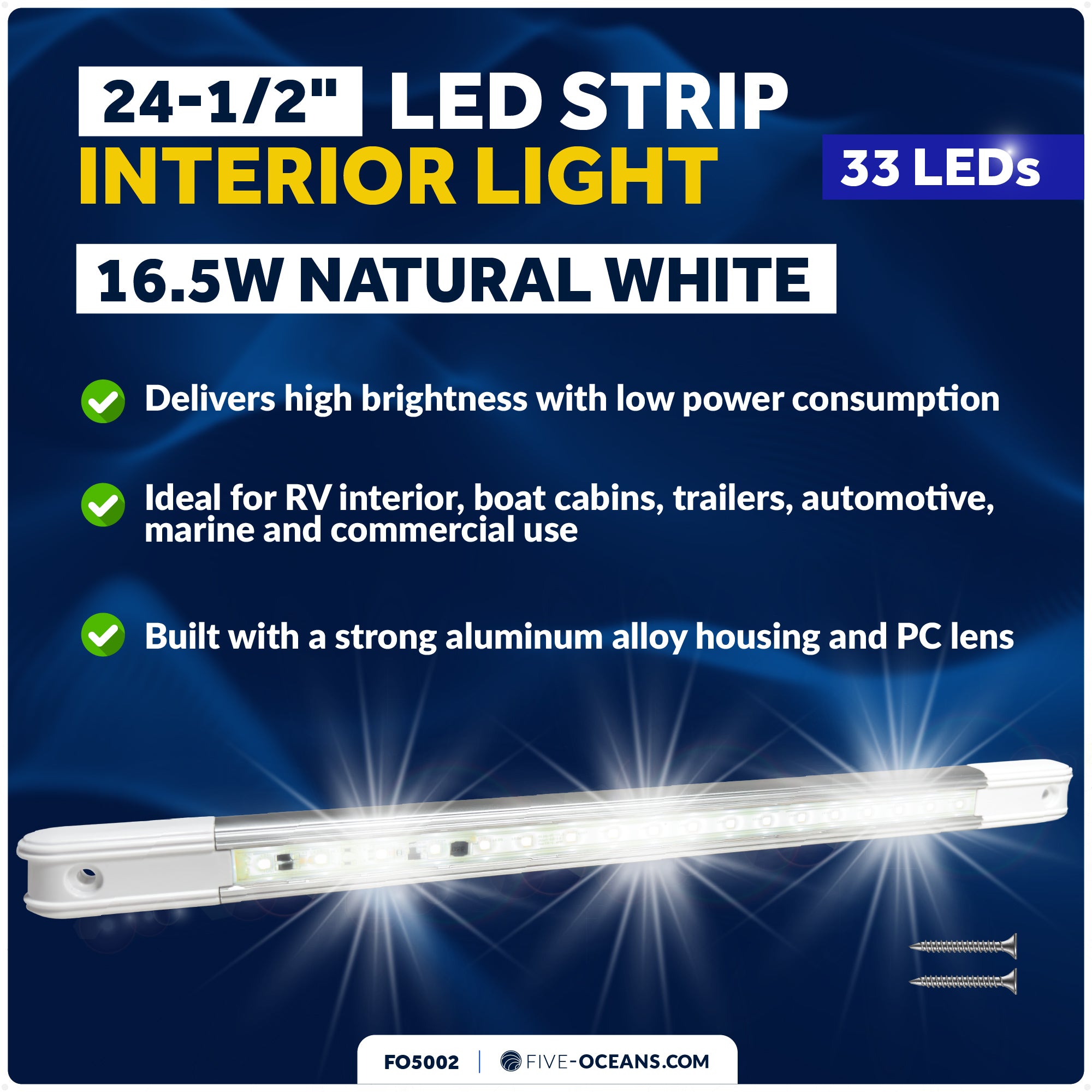 24-1/2" LED Strip Light, 16.5W Natural White, Aluminum Housing, 12V-30V - FO5002 - Five Oceans