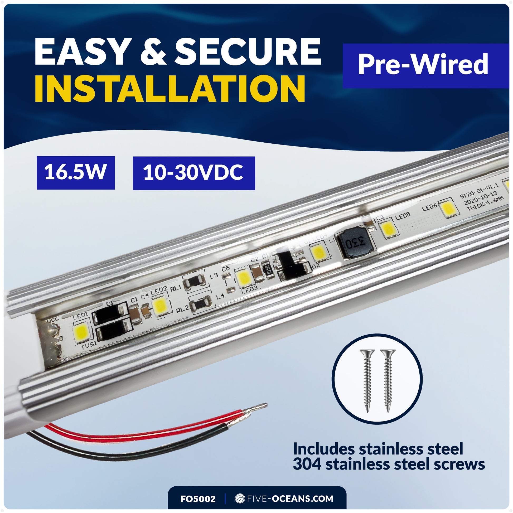 24-1/2" LED Strip Light, 16.5W Natural White, Aluminum Housing, 12V-30V - FO5002 - Five Oceans