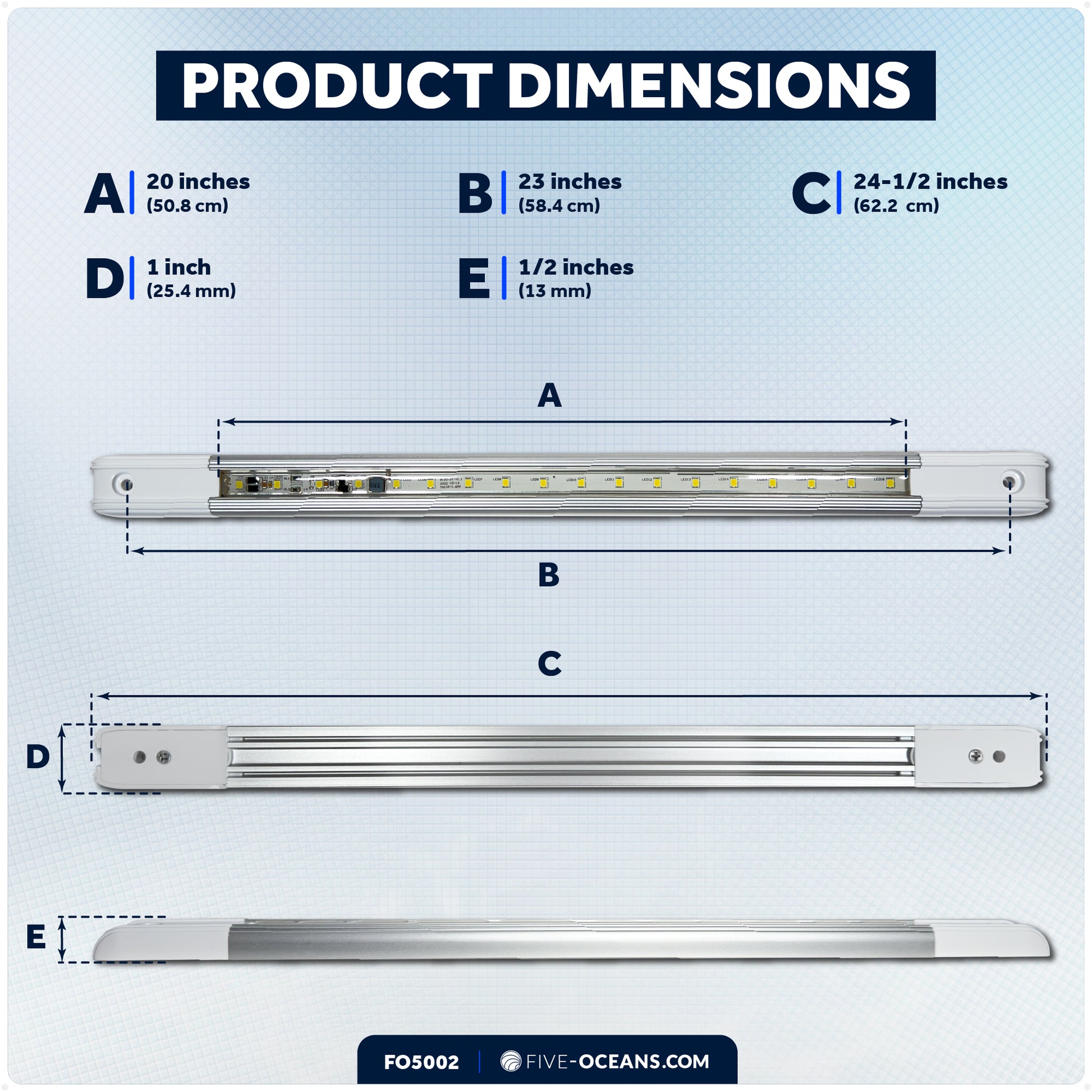 24-1/2" LED Strip Light, 16.5W Natural White, Aluminum Housing, 12V-30V - FO5002 - Five Oceans