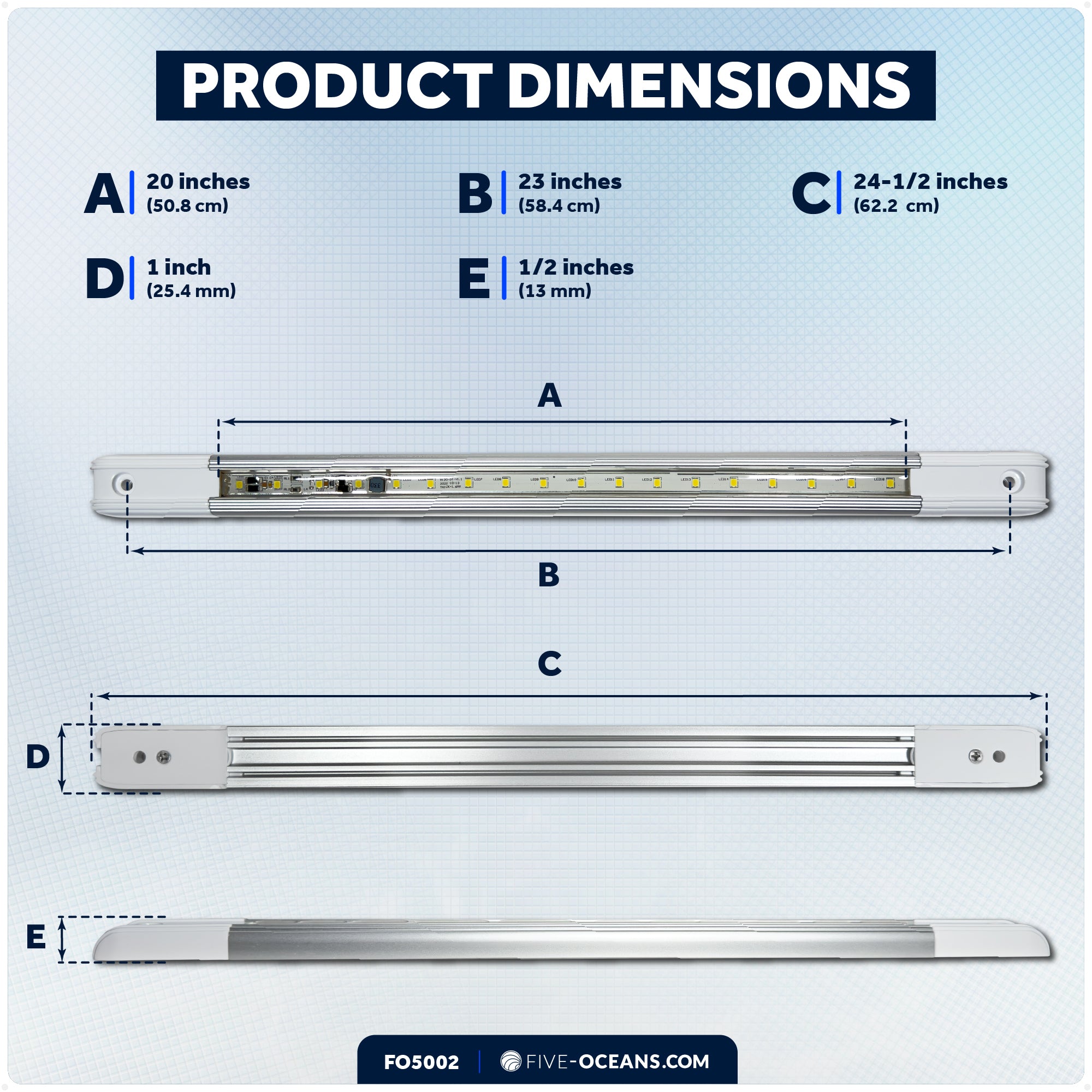 24-1/2" LED Strip Light, 16.5W Natural White, Aluminum Housing, 12V-30V - FO5002 - Five Oceans