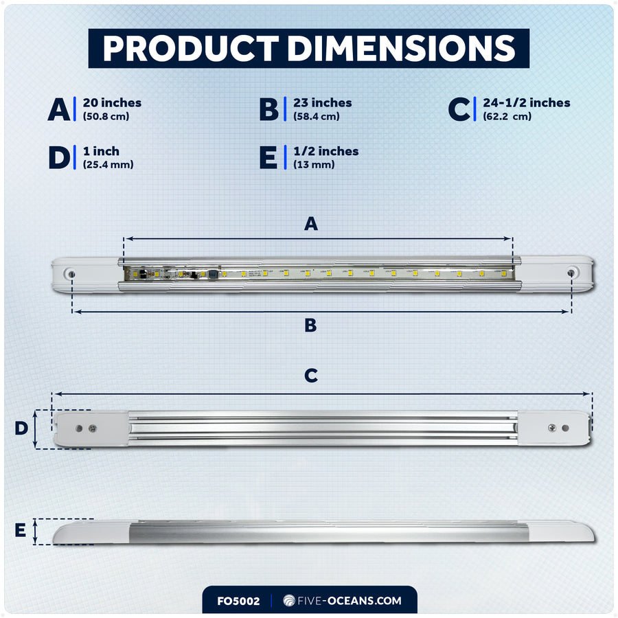 24-1/2" LED Strip Light, 16.5W Natural White, Aluminum Housing, 12V-30V - FO5002 - Five Oceans
