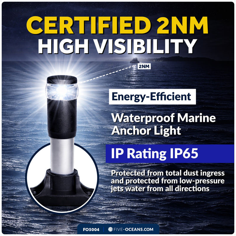 4-1/2" LED Anchor Light, Certified 2NM, Fixed Base, Polycarbonate Lens & Aluminum Tube,  10-30V DC - FO5004 - Five Oceans