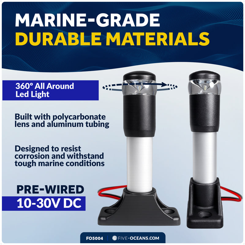 4-1/2" LED Anchor Light, Certified 2NM, Fixed Base, Polycarbonate Lens & Aluminum Tube,  10-30V DC - FO5004 - Five Oceans