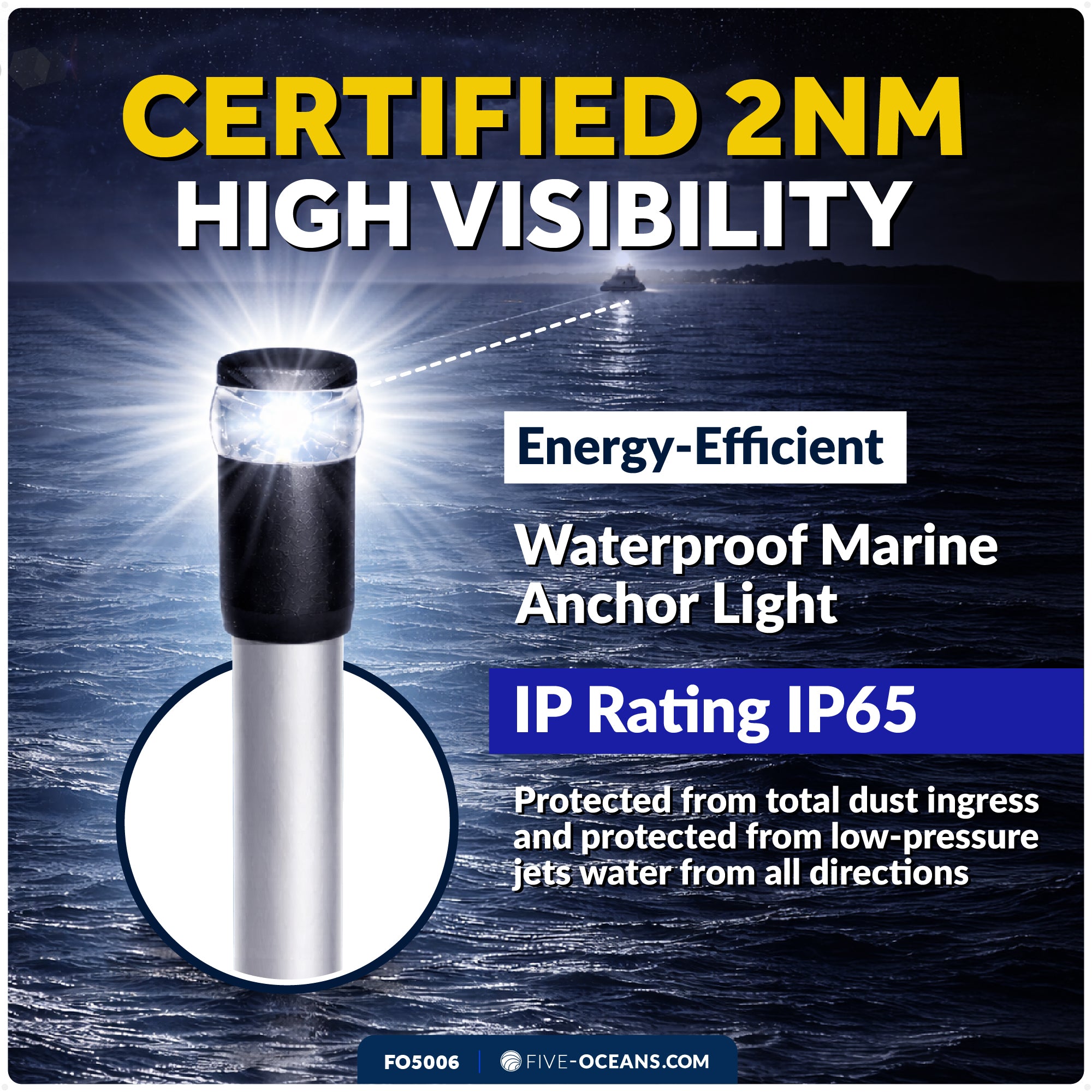 14" LED Anchor Light, Certified 2NM, Fold-Down, Polycarbonate Lens & Aluminum Tube, 12–30V DC – FO5006 - Five Oceans