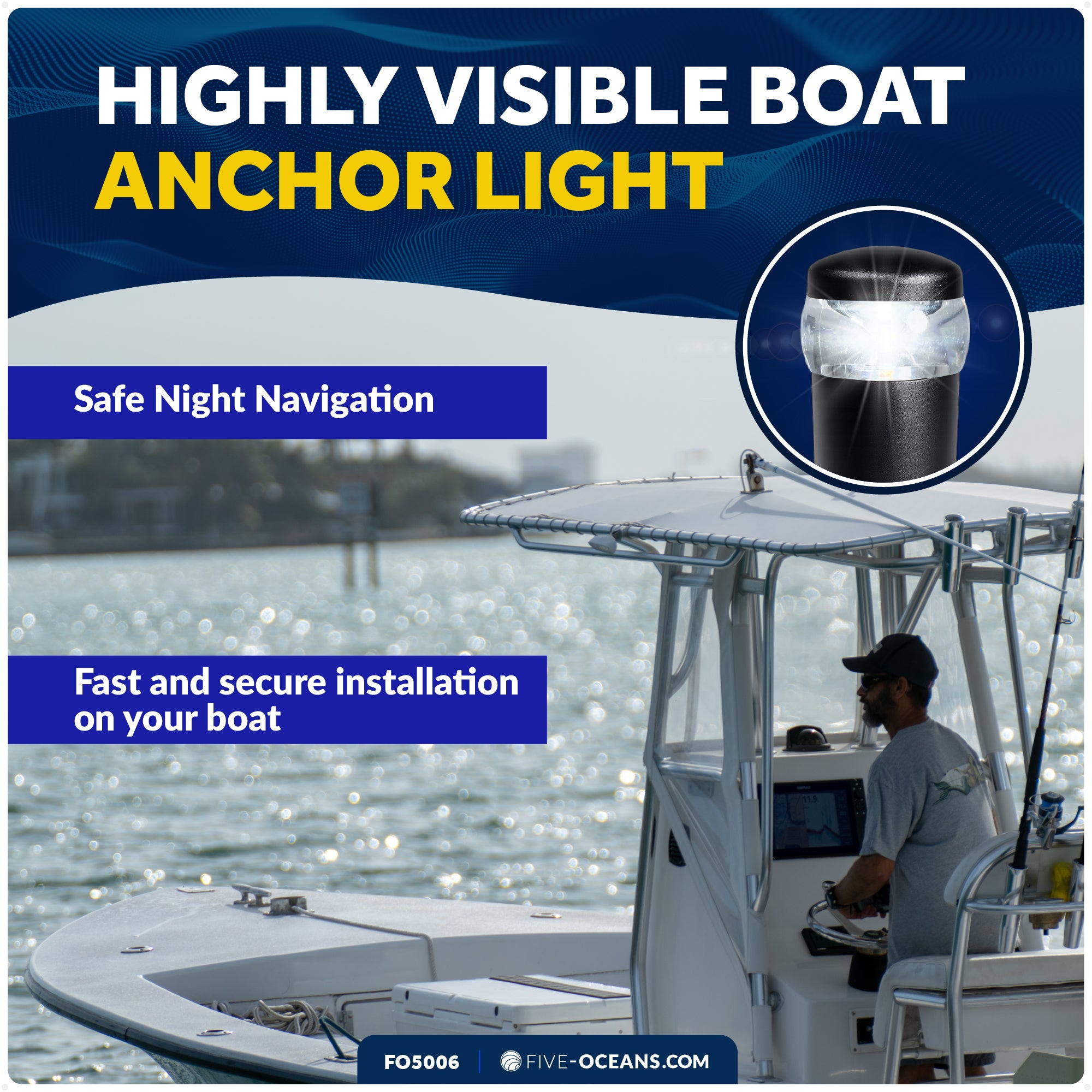 14" LED Anchor Light, Certified 2NM, Fold-Down, Polycarbonate Lens & Aluminum Tube, 12–30V DC – FO5006 - Five Oceans