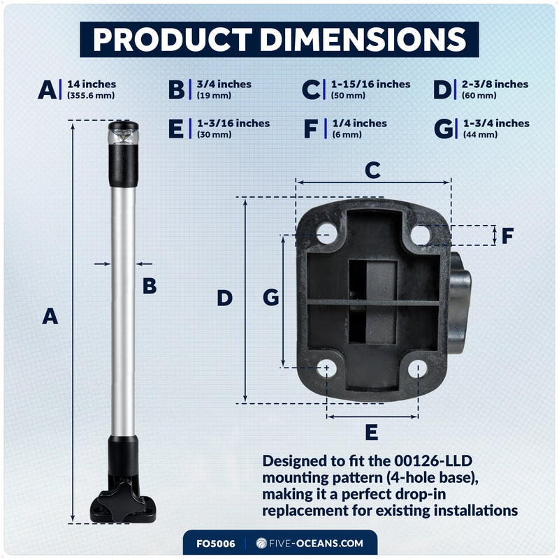 14" LED Anchor Light, Certified 2NM, Fold-Down, Polycarbonate Lens & Aluminum Tube, 12-30V DC - FO5006 - Five Oceans