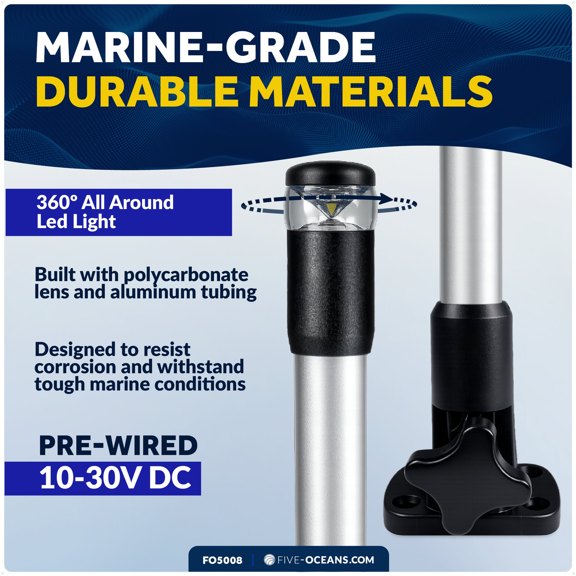 24" LED Anchor Light, Certified 2NM, Fold-Down, Polycarbonate Lens & Aluminum Tube, 12–30V DC – FO5008 - Five Oceans