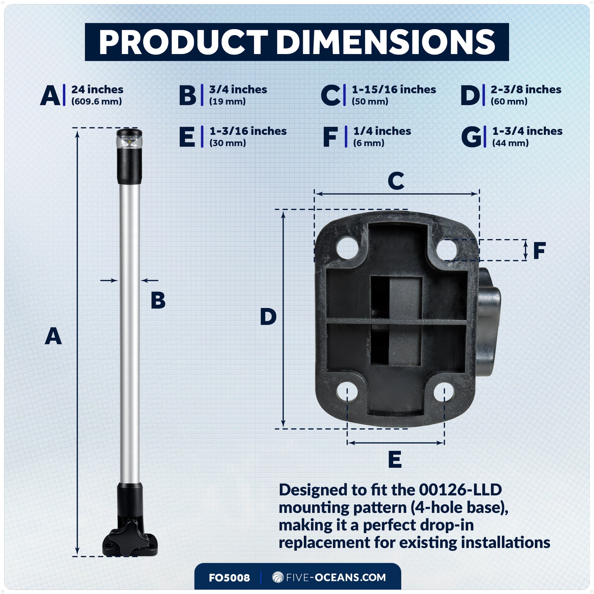24" LED Anchor Light, Certified 2NM, Fold-Down, Polycarbonate Lens & Aluminum Tube, 12–30V DC – FO5008 - Five Oceans