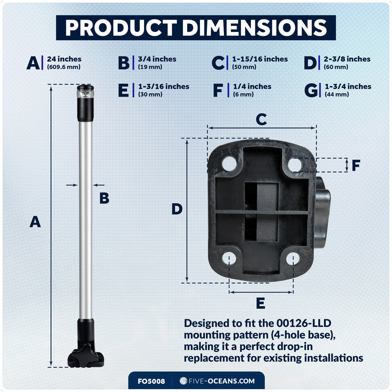 24" LED Anchor Light, Certified 2NM, Fold-Down, Polycarbonate Lens & Aluminum Tube, 12-30V DC - FO5008 - Five Oceans