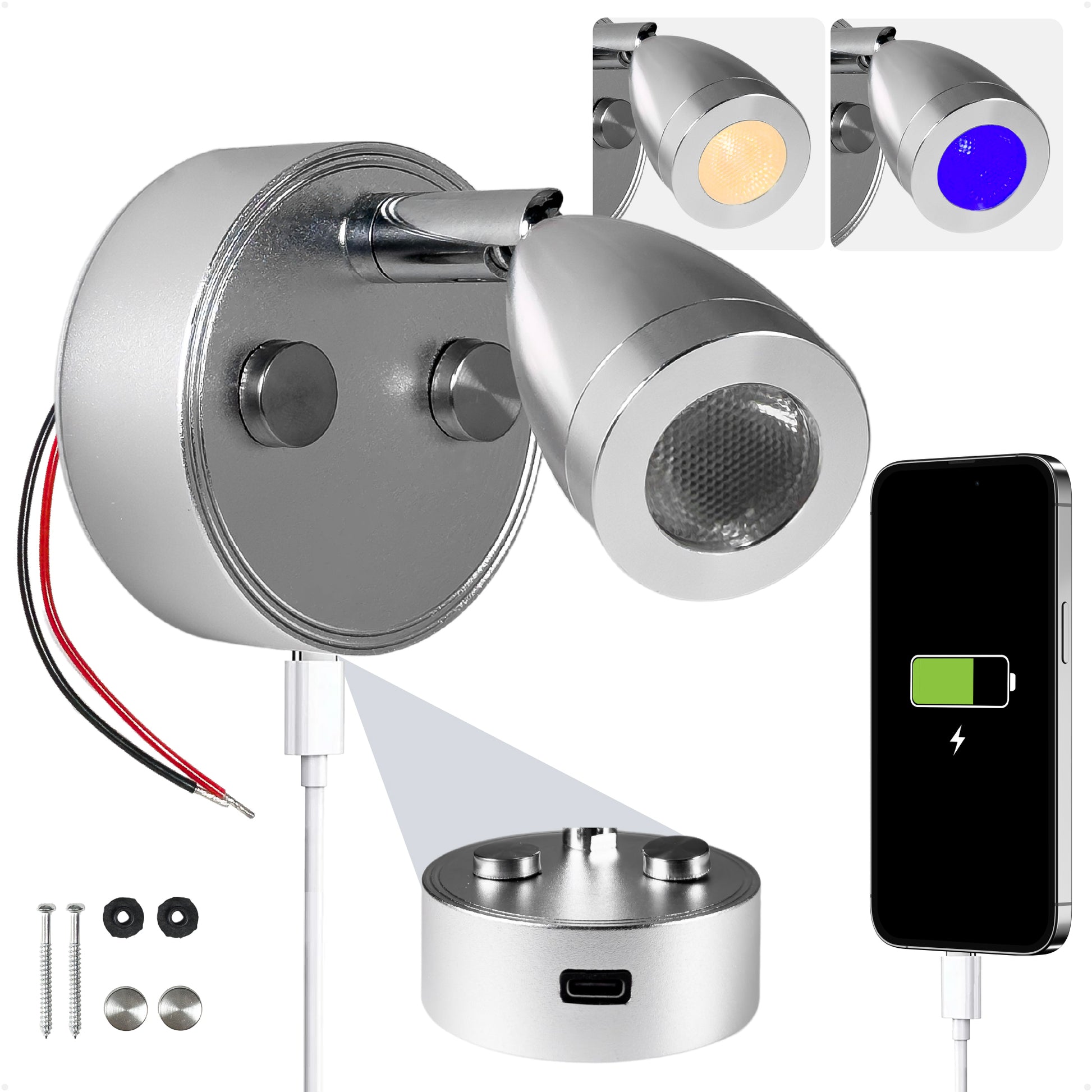 LED Reading Light with USB-C, Touch Dimmer, Warm White & Blue, Aluminum Housing, 200LM, 10-28V DC - FO5010 - Five Oceans