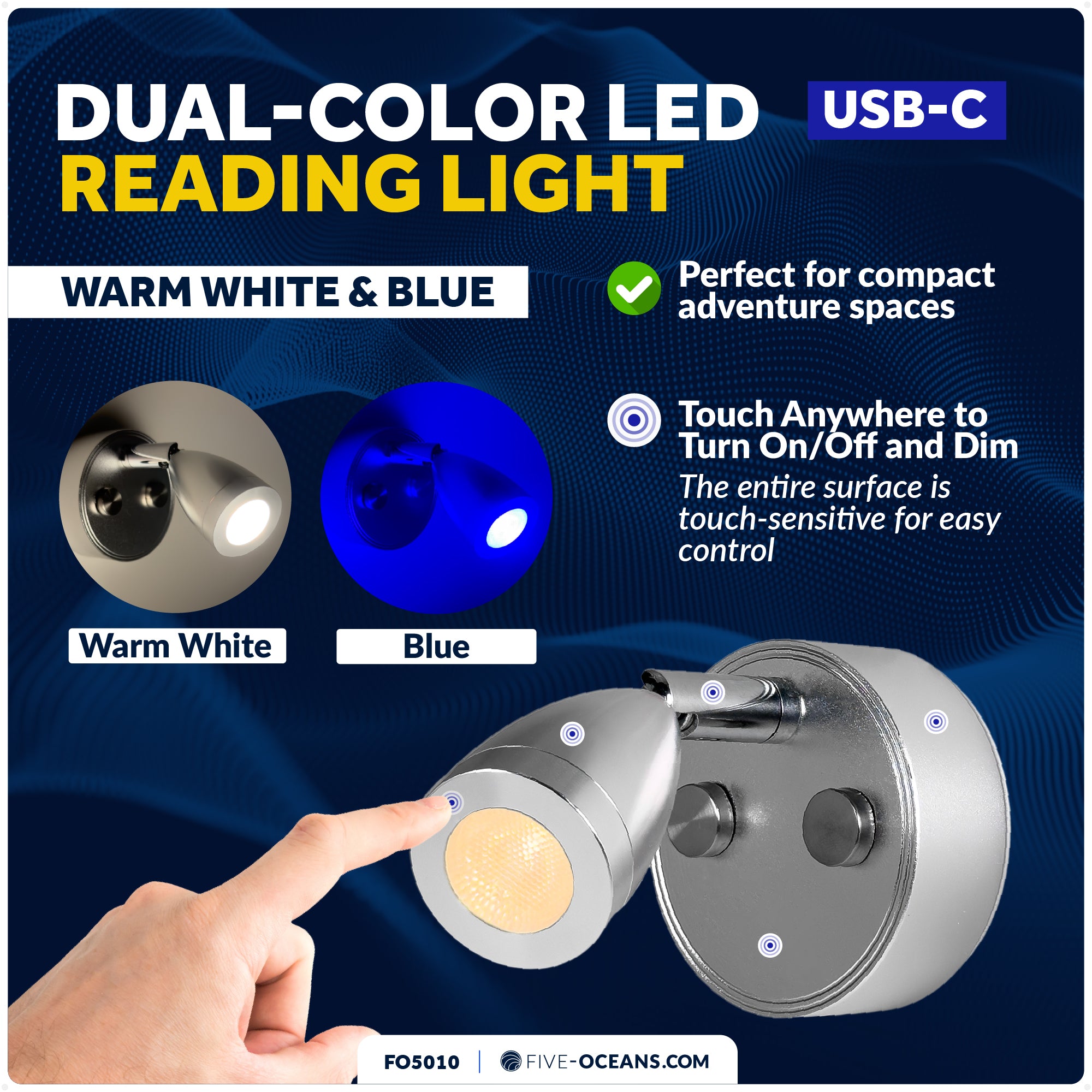 LED Reading Light with USB-C, Touch Dimmer, Warm White & Blue, Aluminum Housing, 200LM, 10-28V DC - FO5010 - Five Oceans