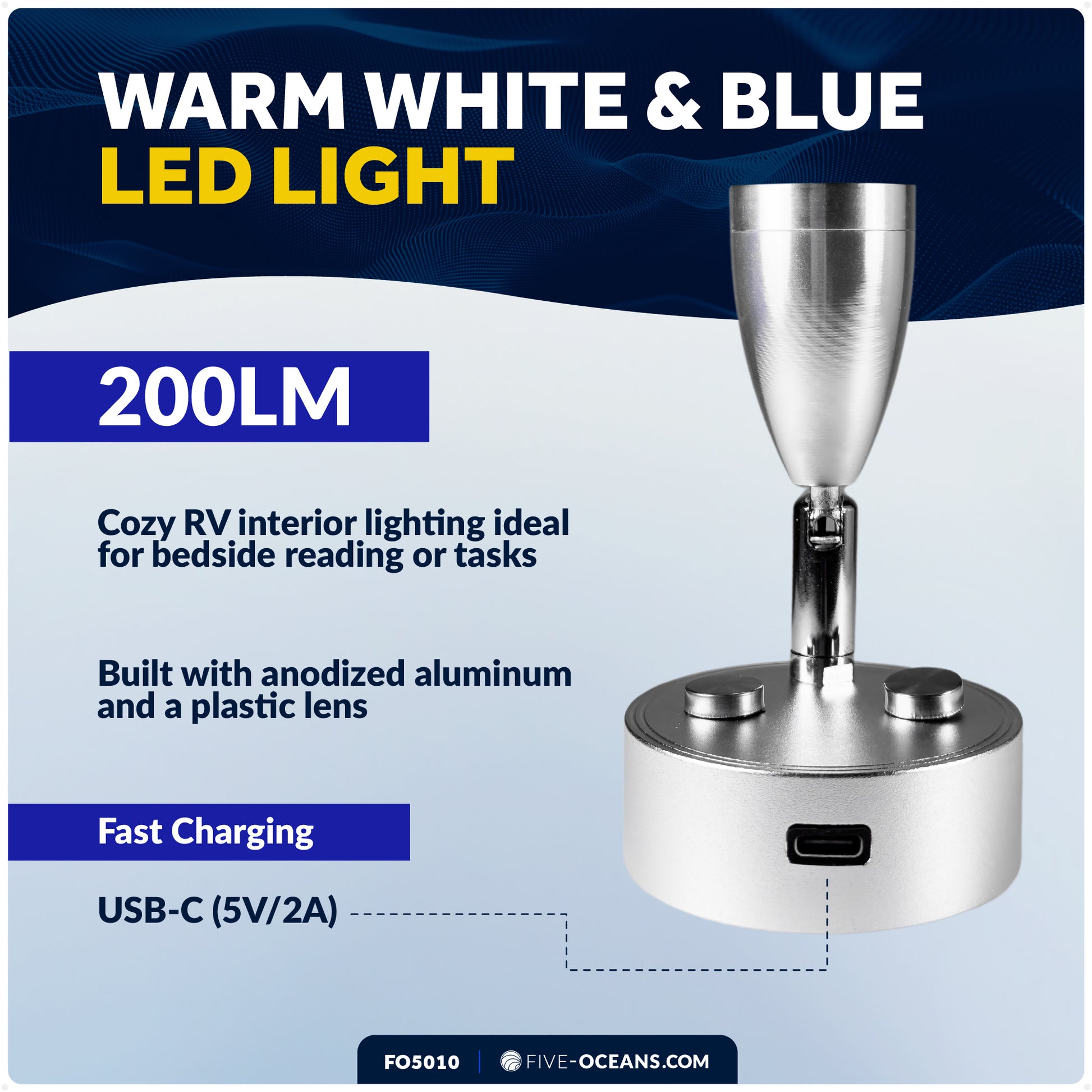 LED Reading Light with USB-C, Touch Dimmer, Warm White & Blue, Aluminum Housing, 200LM, 10-28V DC - FO5010 - Five Oceans