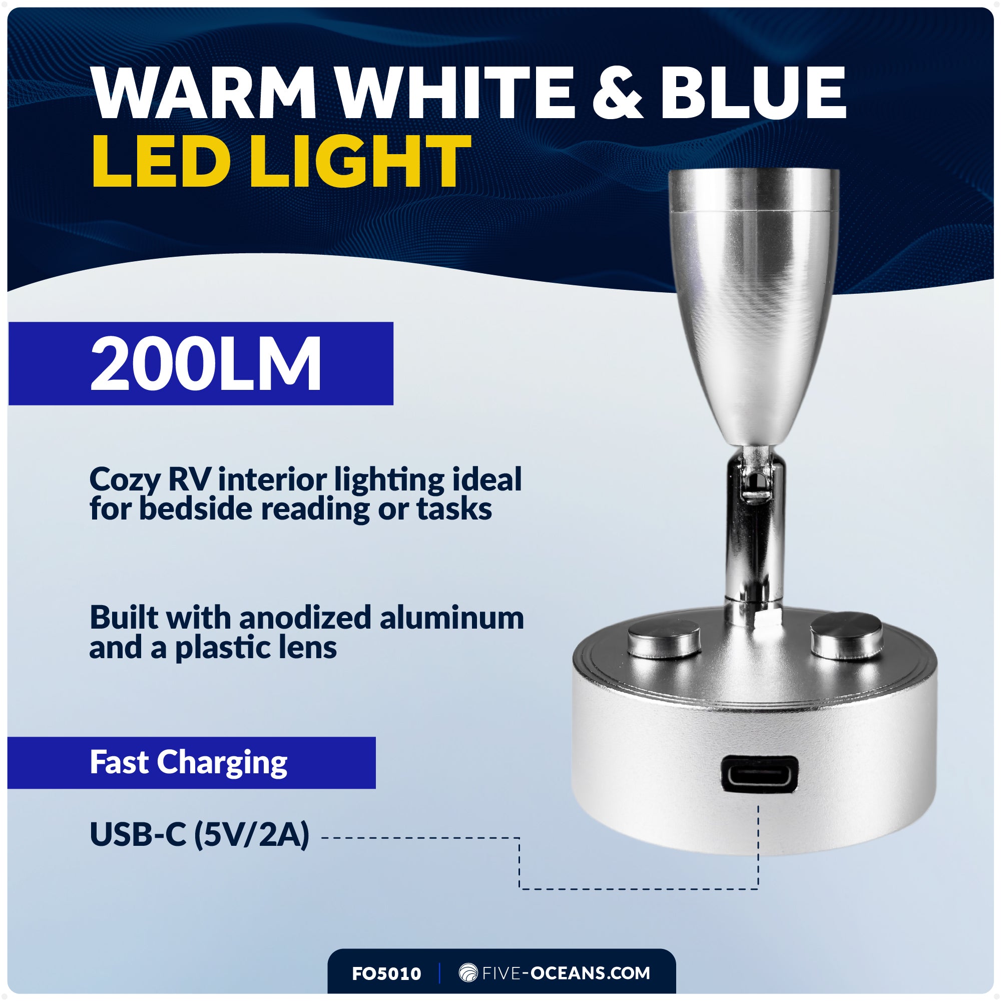 LED Reading Light with USB-C, Touch Dimmer, Warm White & Blue, Aluminum Housing, 200LM, 10-28V DC - FO5010 - Five Oceans